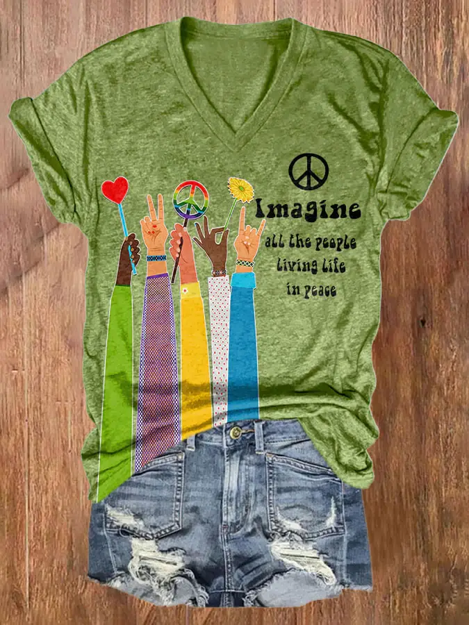 V-neck Retro Hippie Imagine All The People Living Life In Peace Print Shirt