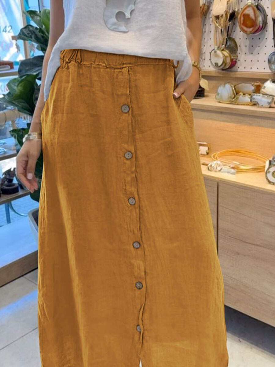 🔥Summer Arrivals🌟Women's Solid Color Elastic Waist Buttons Casual Pockets Linen Skirt