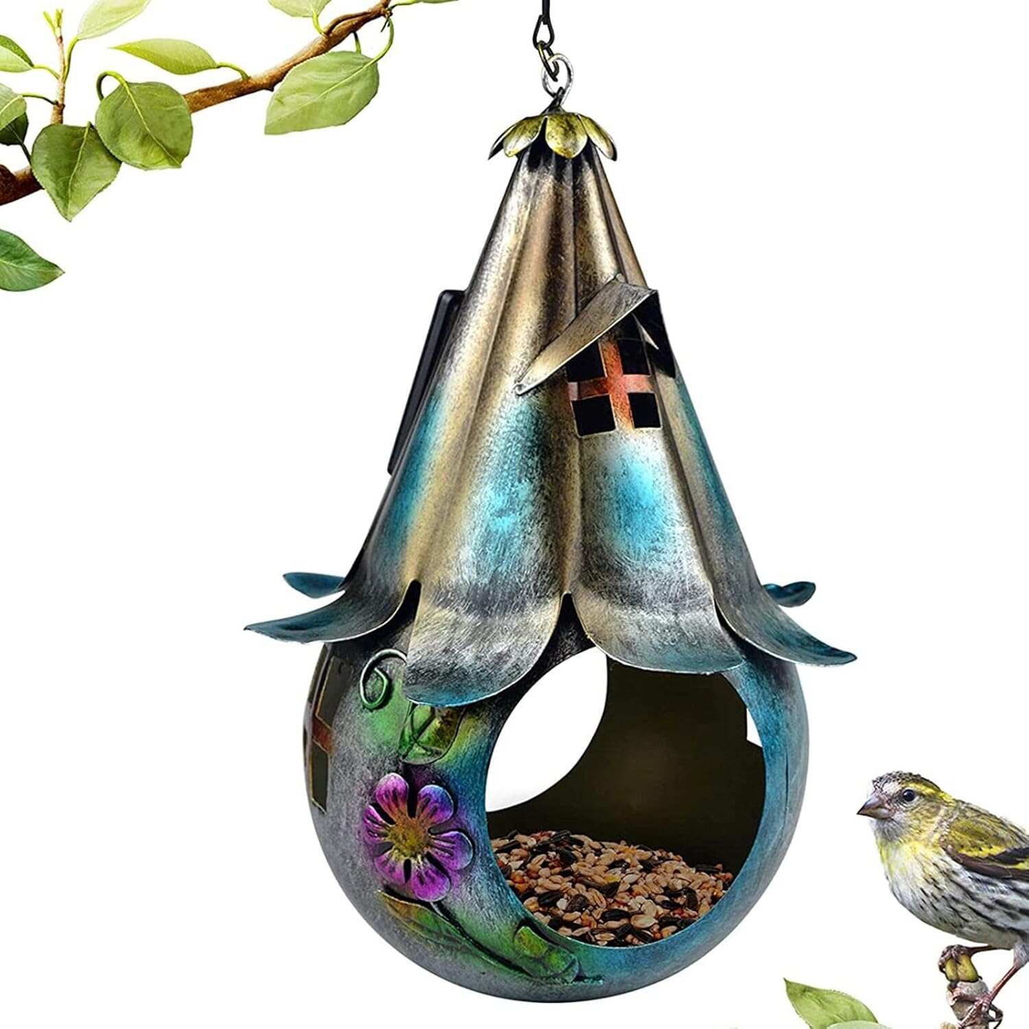 Solar Powered Hanging Pendant Iron Art Bird Feeder Decorative Weatherproof for Yard Outside Outdoor