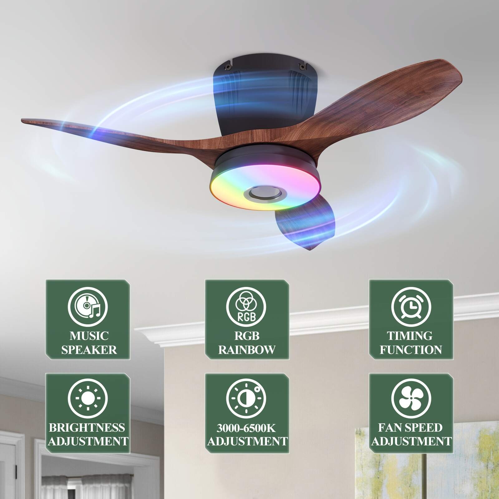 Smart RGB Rainbow Music Rhythm Speaker LED Fan with Light, 3-speed Socket Fan Light, Remote Control Timing, 3 Colors 3000-6500k Dimmable, Suitable for Home, Office, Restaurant, Party