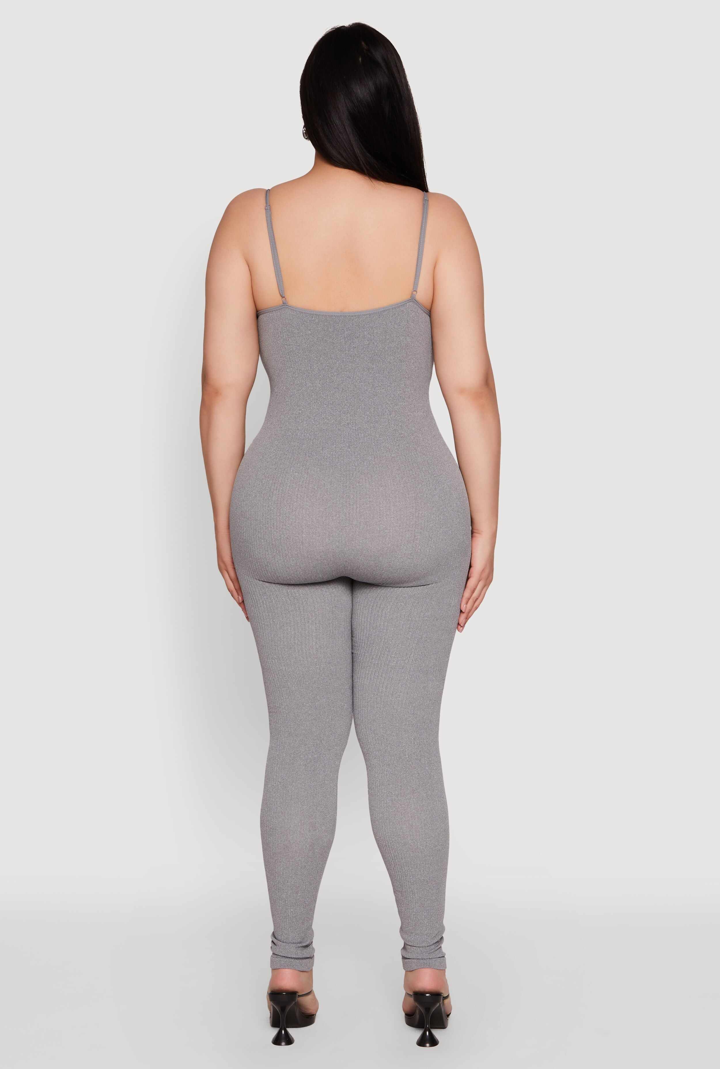 Plus Size Ribbed Knit Sleeveless Jumpsuit with Notch Neck