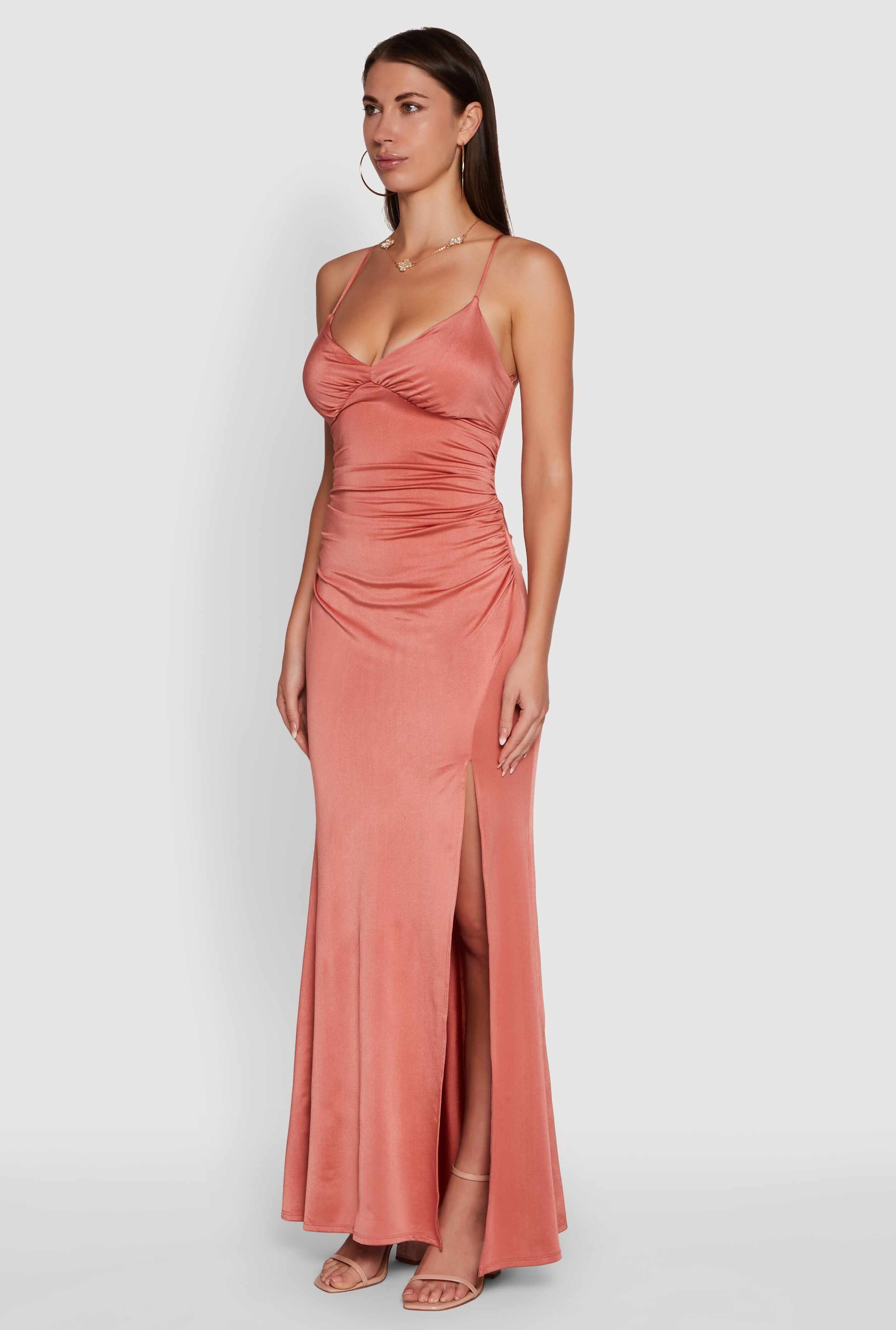 Haute Monde Side Slit Lace Up Back Maxi Dress
