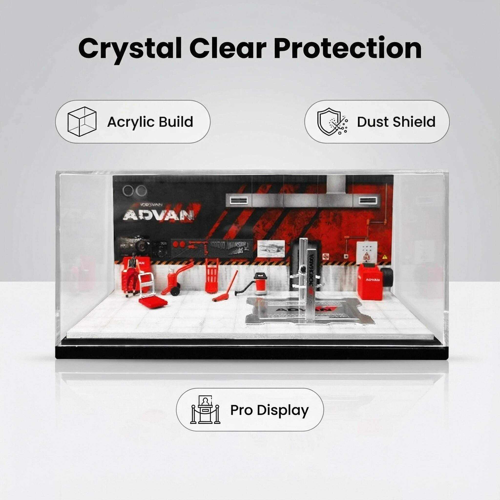 1:64 Scale ADVAN Racing Workshop Diorama Display Case – Acrylic Dustproof Showcase for Diecast Cars