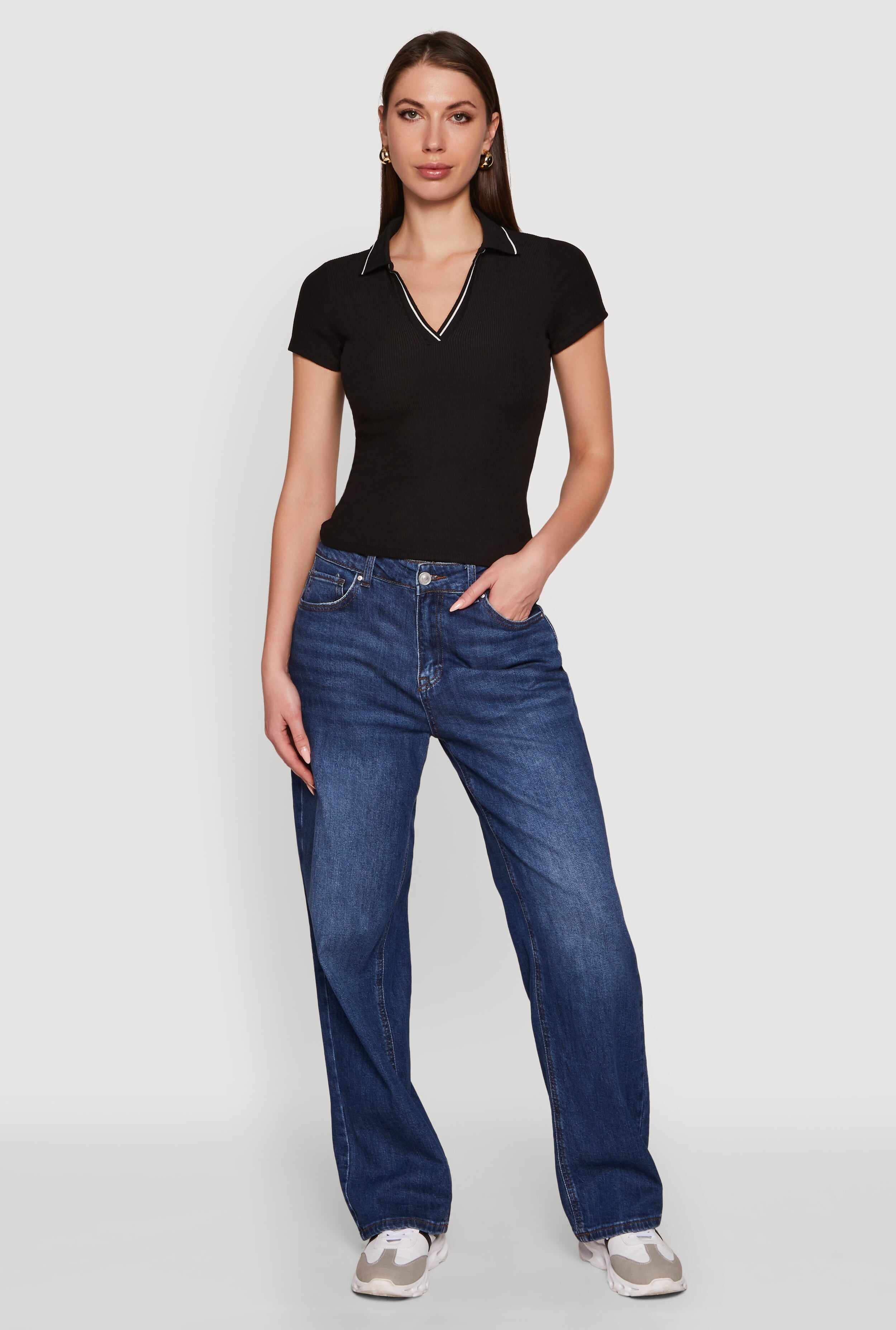 Iris Ribbed Knit Polo Top with Contrast Trim