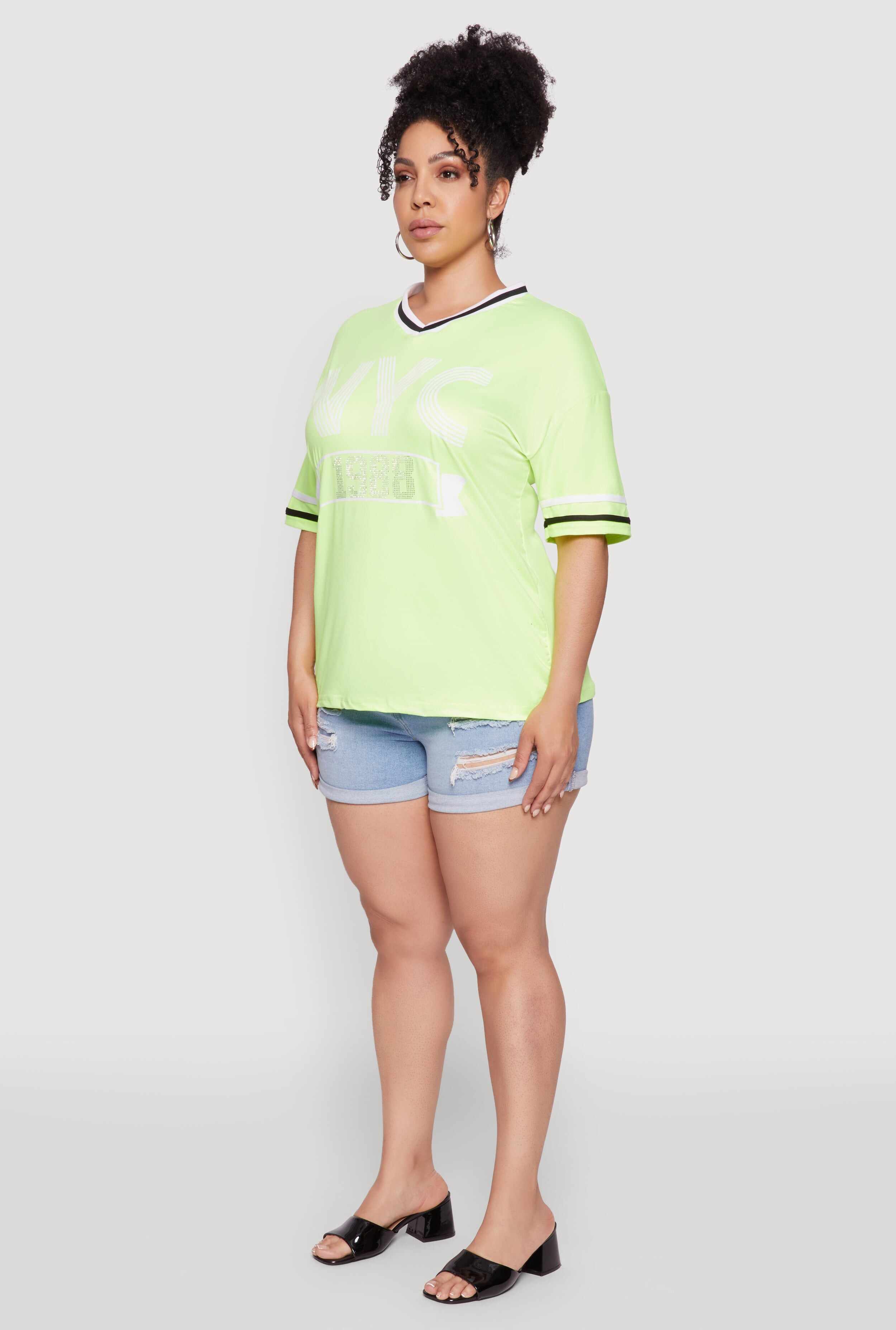 Plus Size NYC 1988 Rhinestone Varsity Stripe V Neck T Shirt