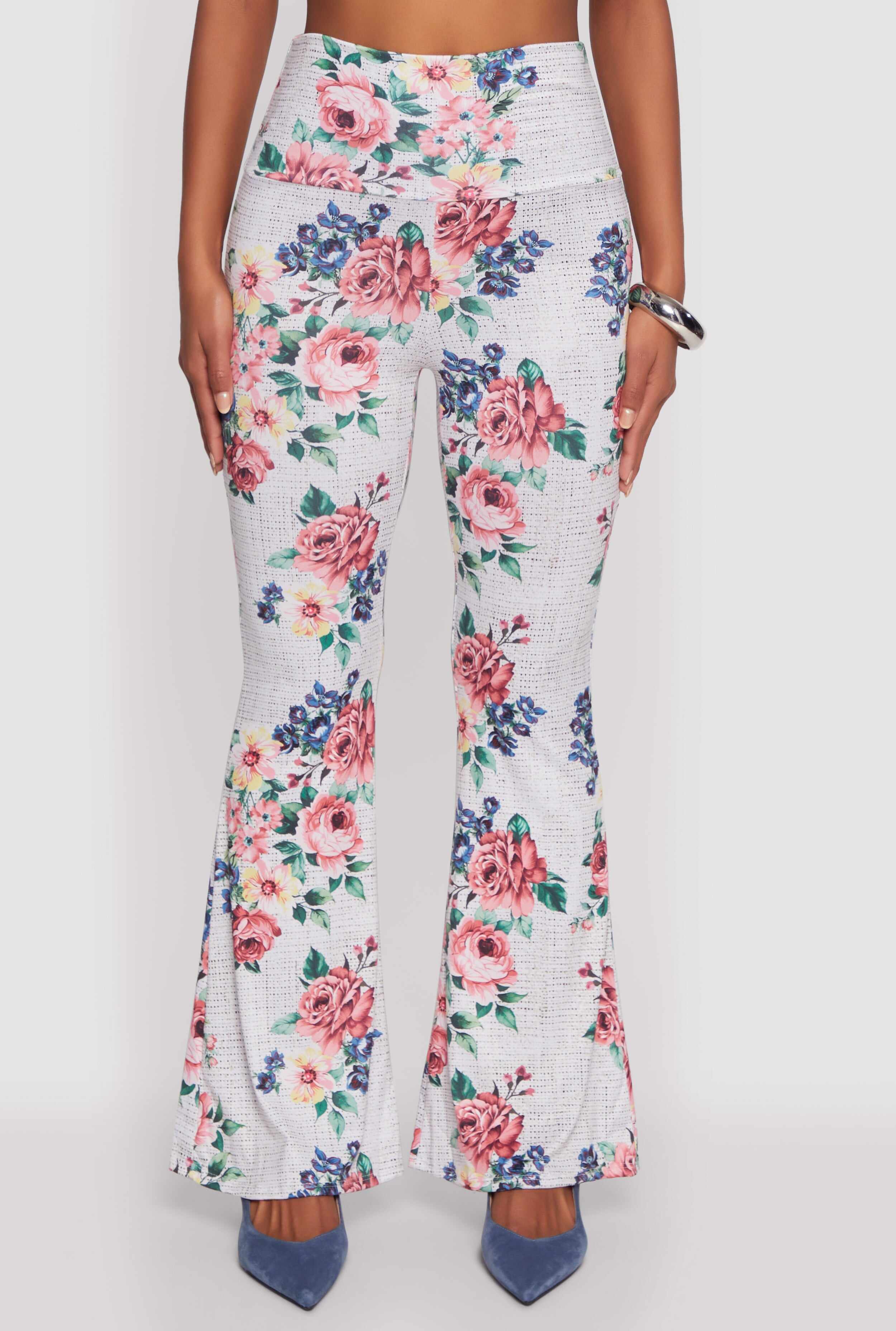 Floral Print High Waisted Flare-Leg Pants