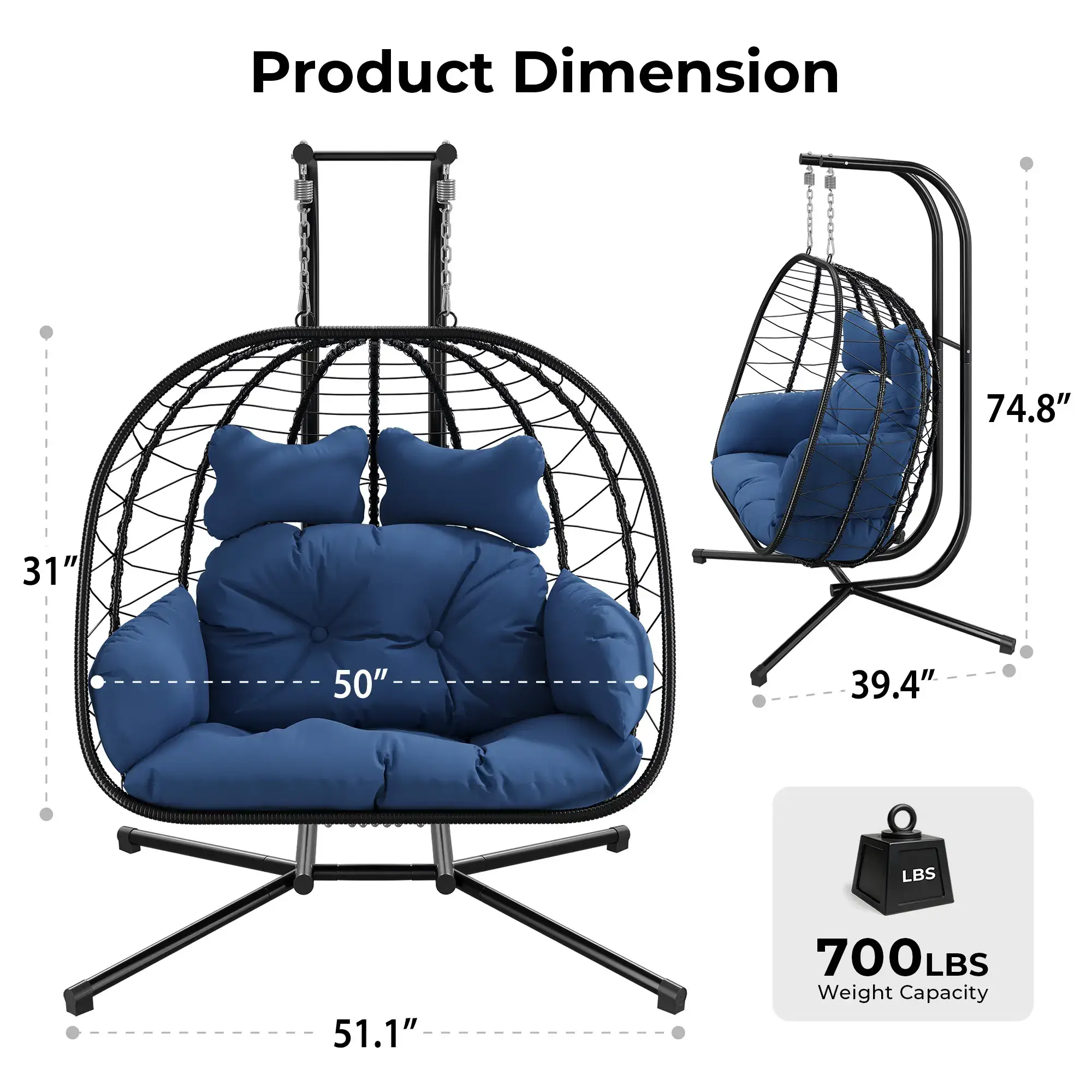 [dealsforyoudays] Double Egg Chair with Stand for Patio, Outdoor Indoor Hanging Swing Chair with Cushions, Wicker Rattan, 700lbs Capacity, Waterproof Sunproof for Balcony Garden Porch, ChristmasGift