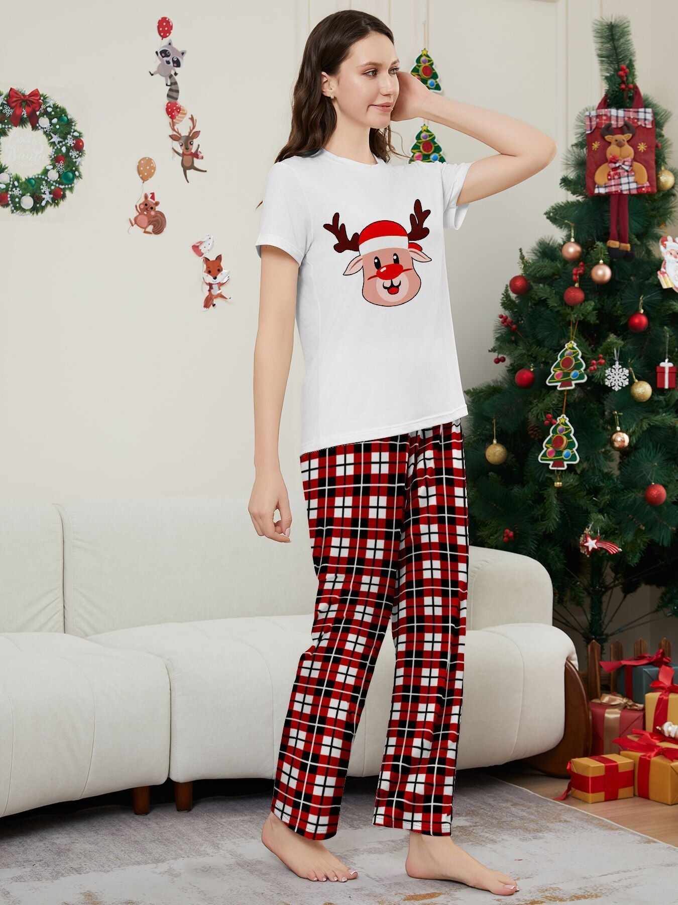 Deer Plaid Printed Family Matching Christmas Pajamas Sets