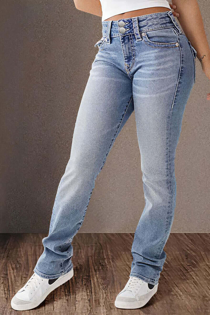 Wash Double Button Flap Pocket Mid Waist Straight Leg Jeans