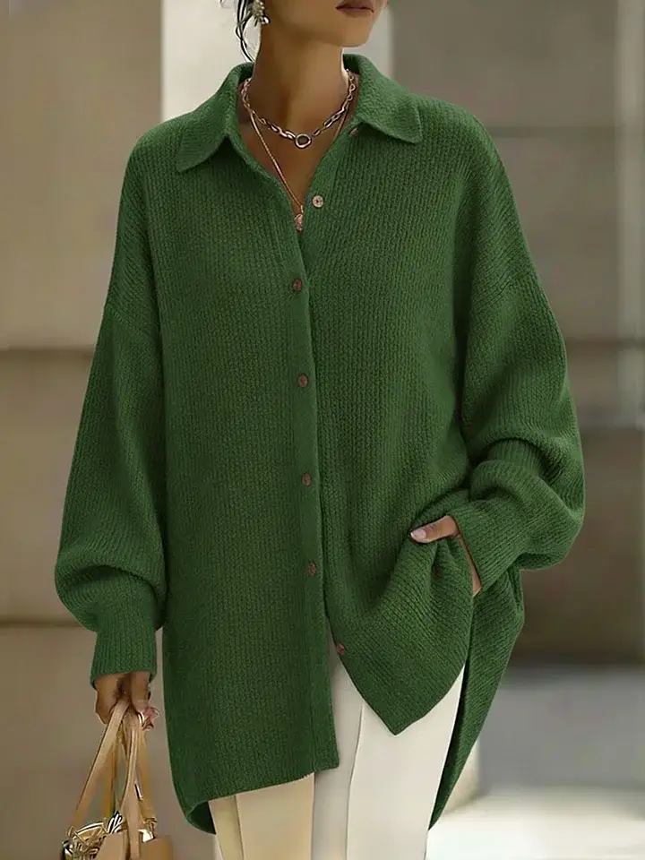 🔥Summer Arrivals🌟Women's Solid Color Lapel Long-sleeved Casual Loose Knit Cardigan