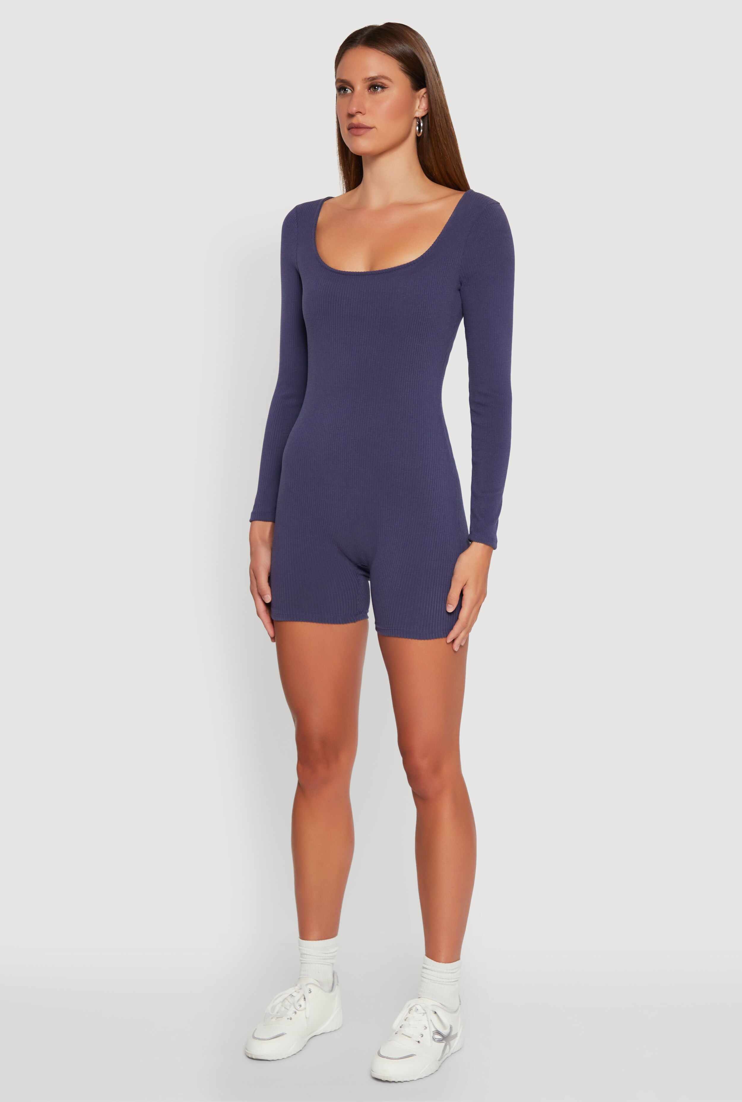Brushed Rib Knit Long Sleeve Square Neck Catsuit