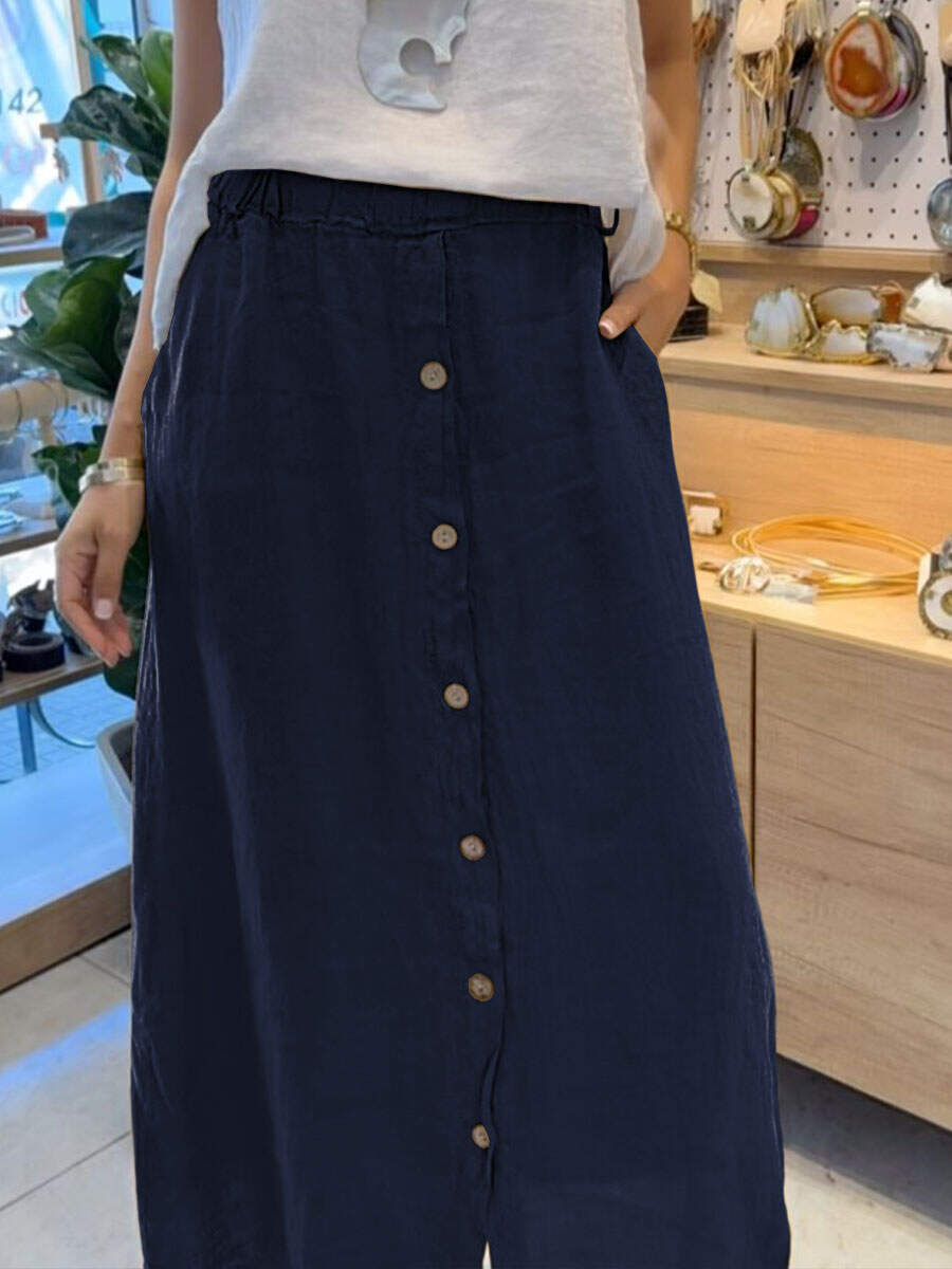 🔥Summer Arrivals🌟Women's Solid Color Elastic Waist Buttons Casual Pockets Linen Skirt