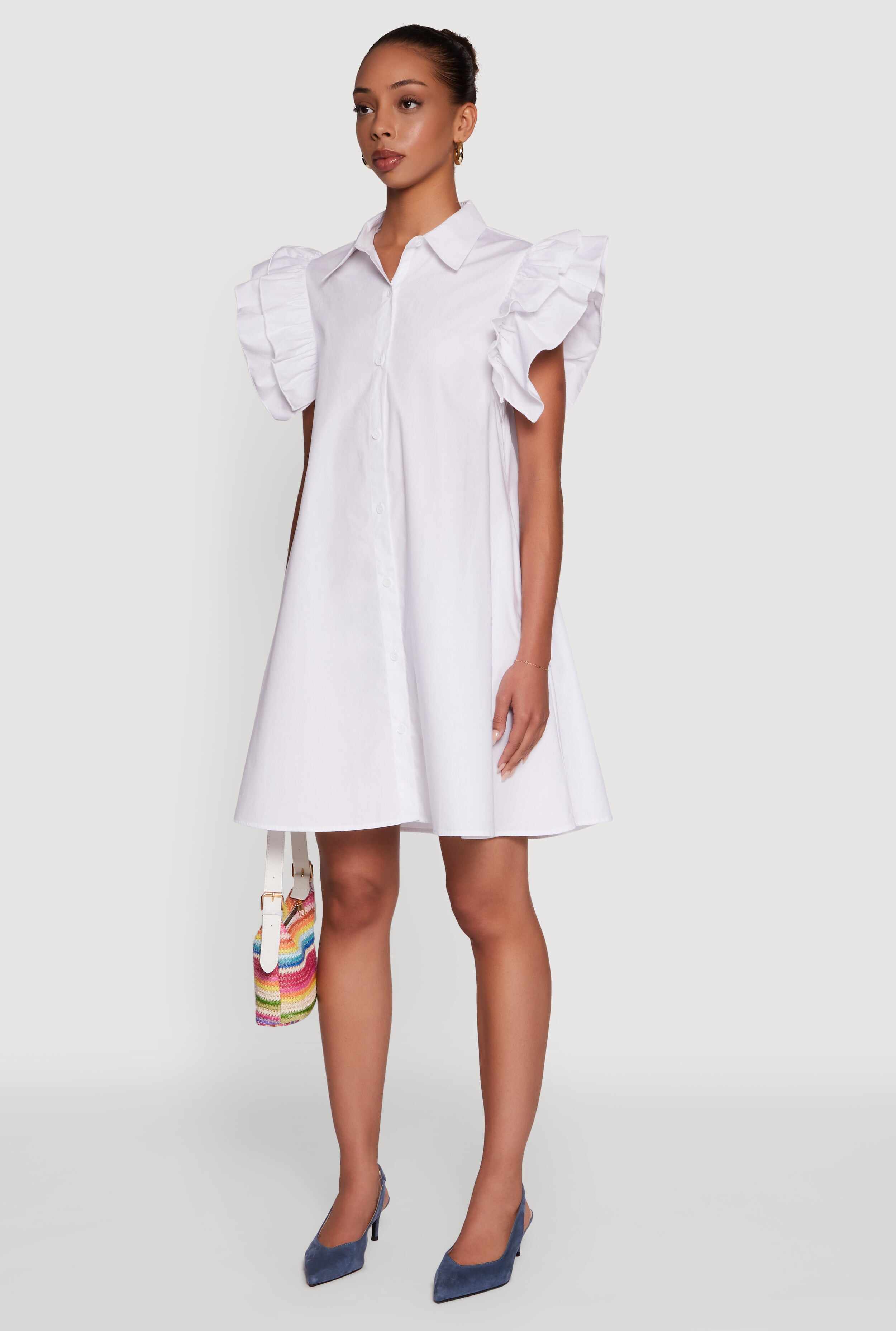 Poplin Button Front Flutter Sleeve Dress