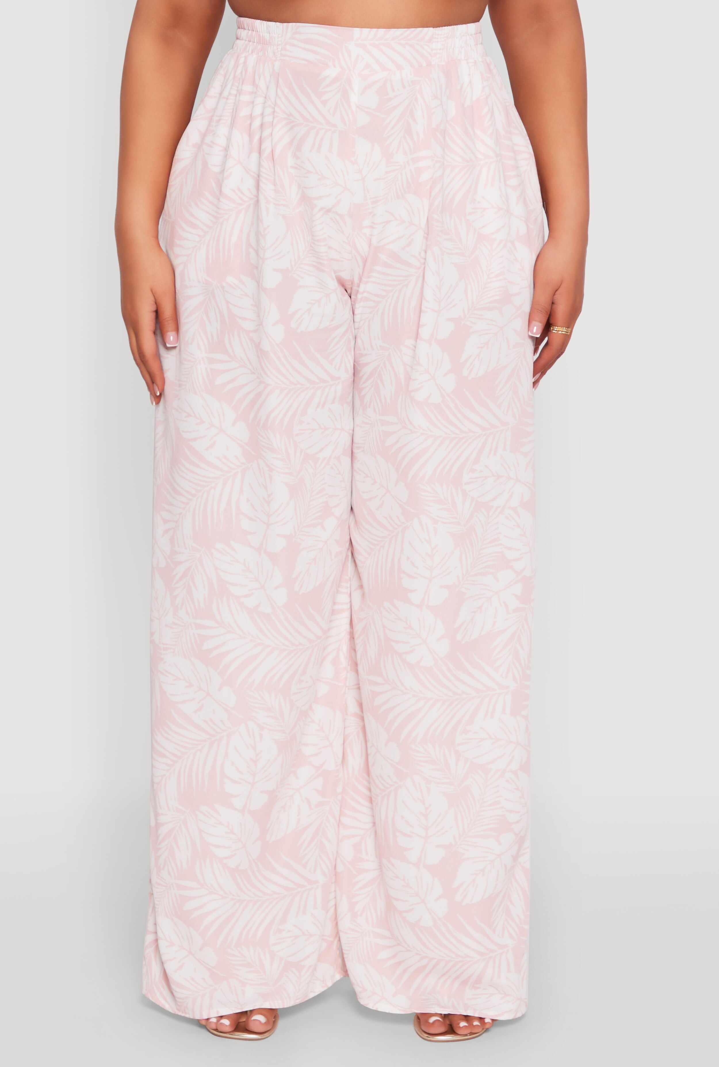 Plus Size Airy Leaf Print Palazzo Pants