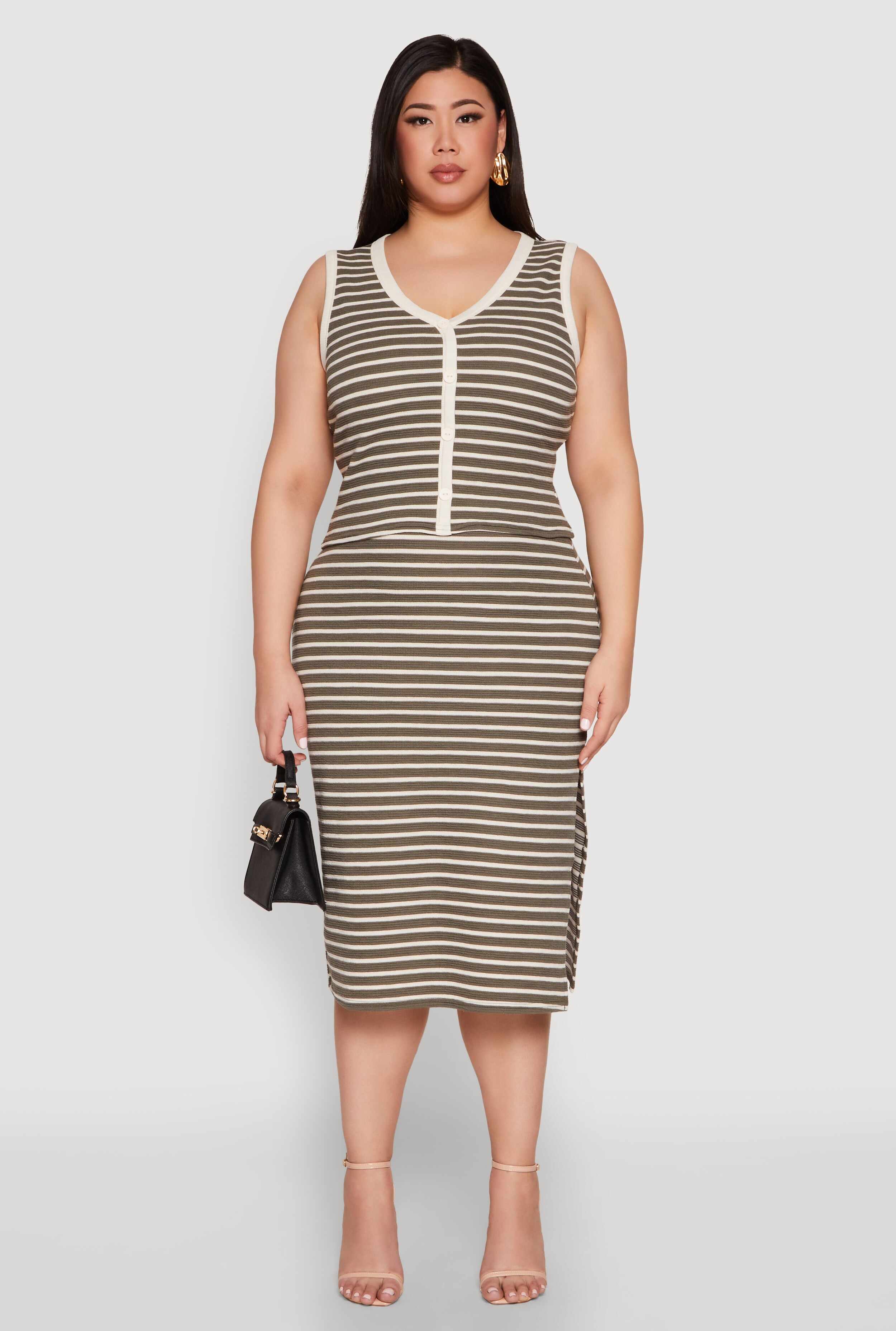 Plus Size Textured Knit Striped Midi Skirt