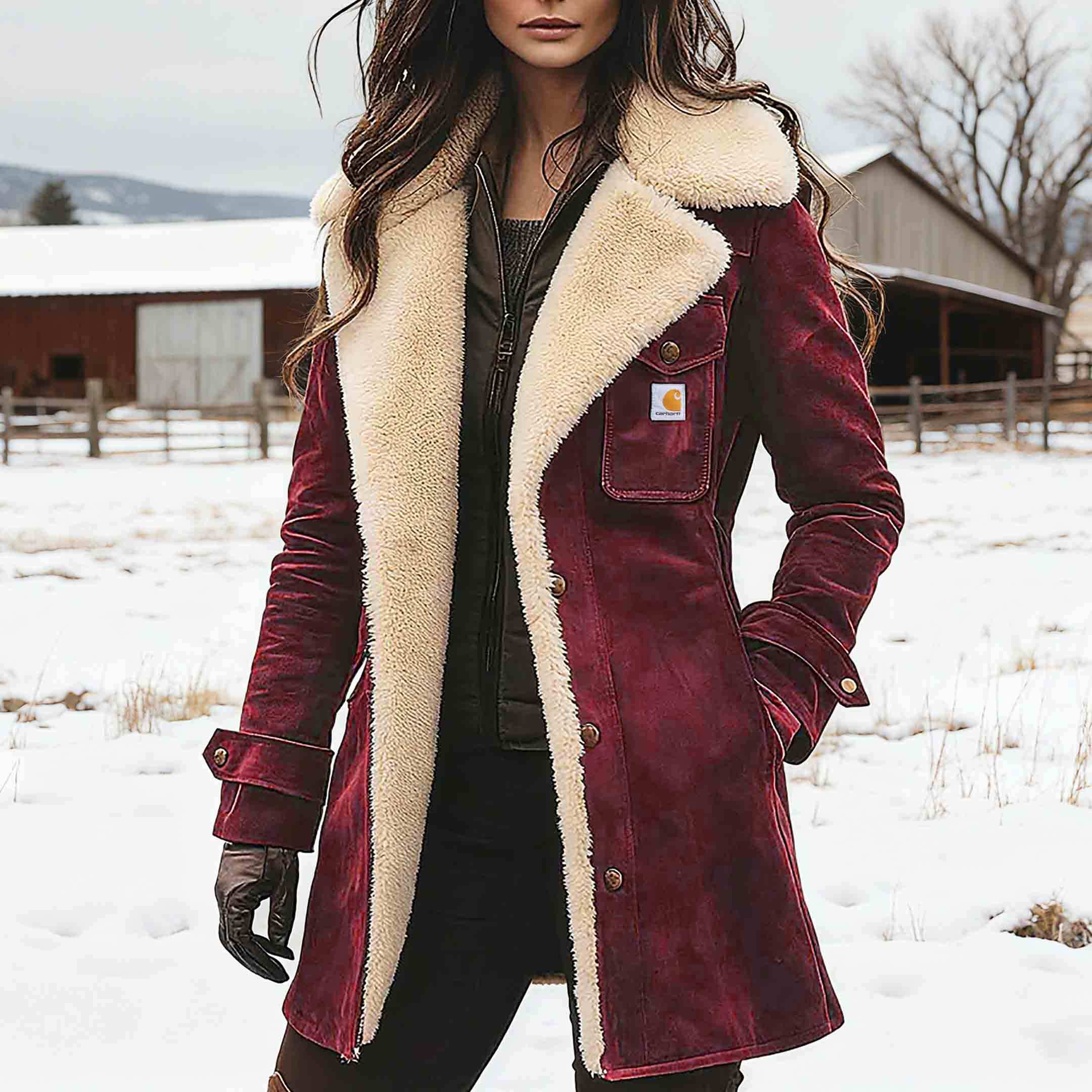 Women's Carhartt Vintage Brown Suede Fleece Lapel Collar Mid-Length Shearling Coat Jacket