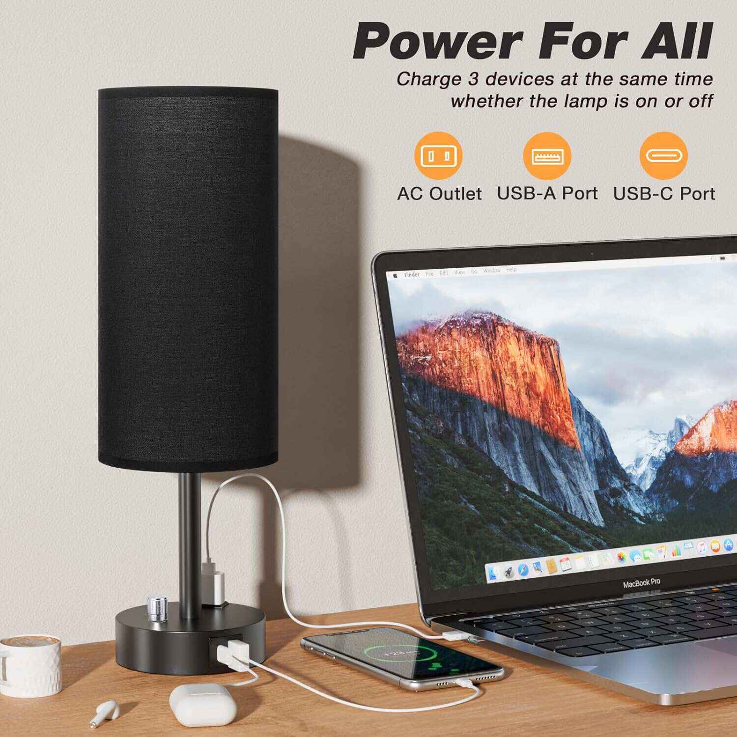 Bedside Table Lamp for Bedroom - 3 Way Dimmable Touch Lamp USB C Charging Ports and AC Outlet, Small Lamp Wood Base Round Flaxen Fabric Shade for Living Room, Desk, LED Bulb Included