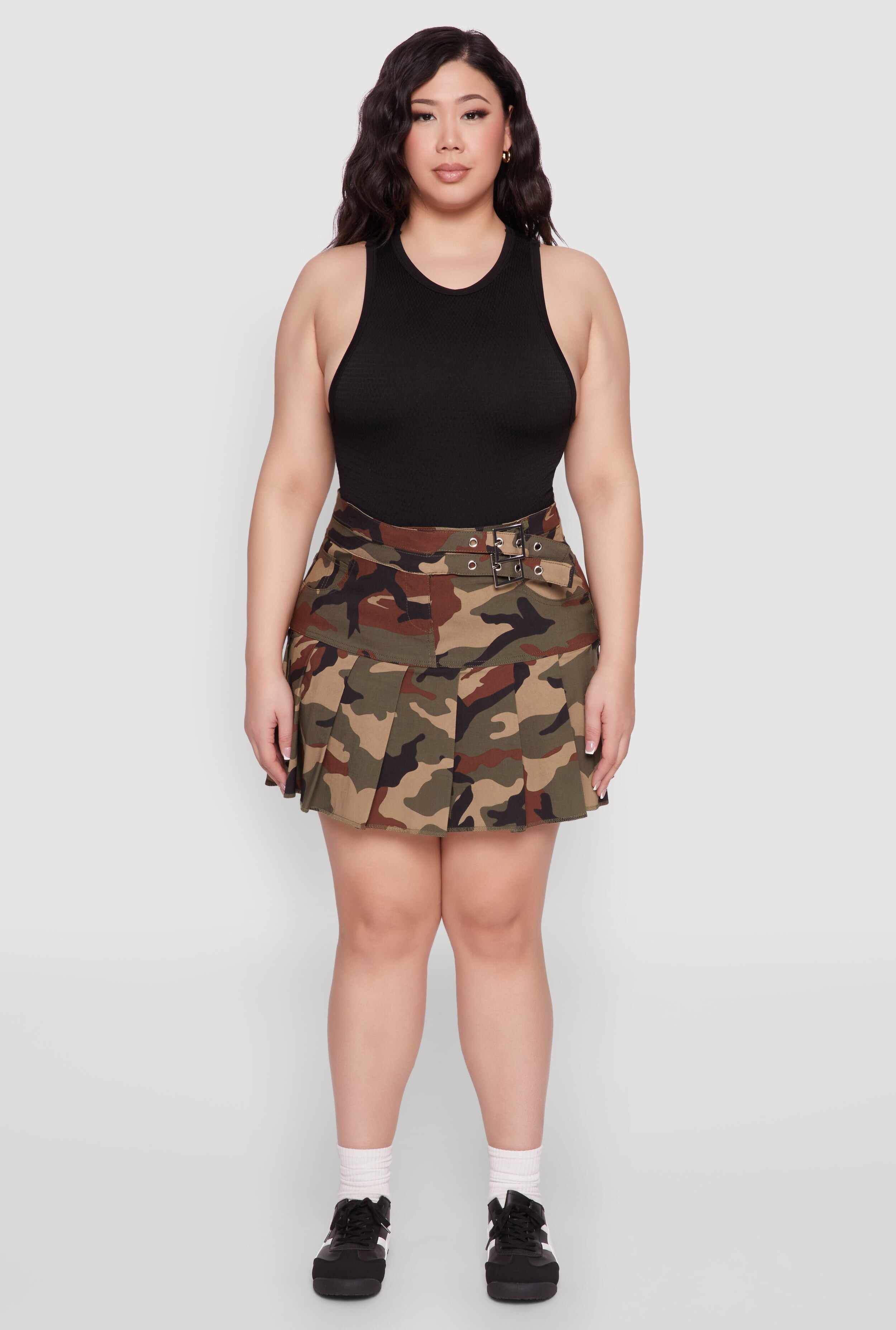Plus Size Buckle Front Pleated Skirt