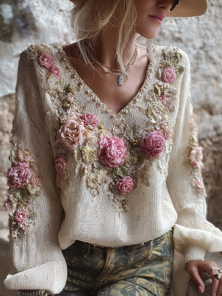 🎉Today's Deal✨Vintage Boho Floral Pearl Embellished Embroidered Women's V-neck Sweater