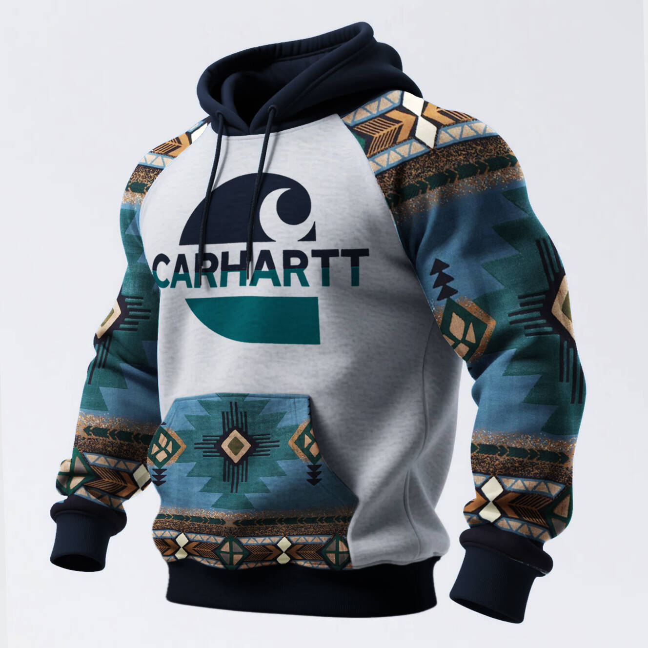 Retro Western Style Ethnic Print Contrast Color Stitching Hooded Sweatshirt