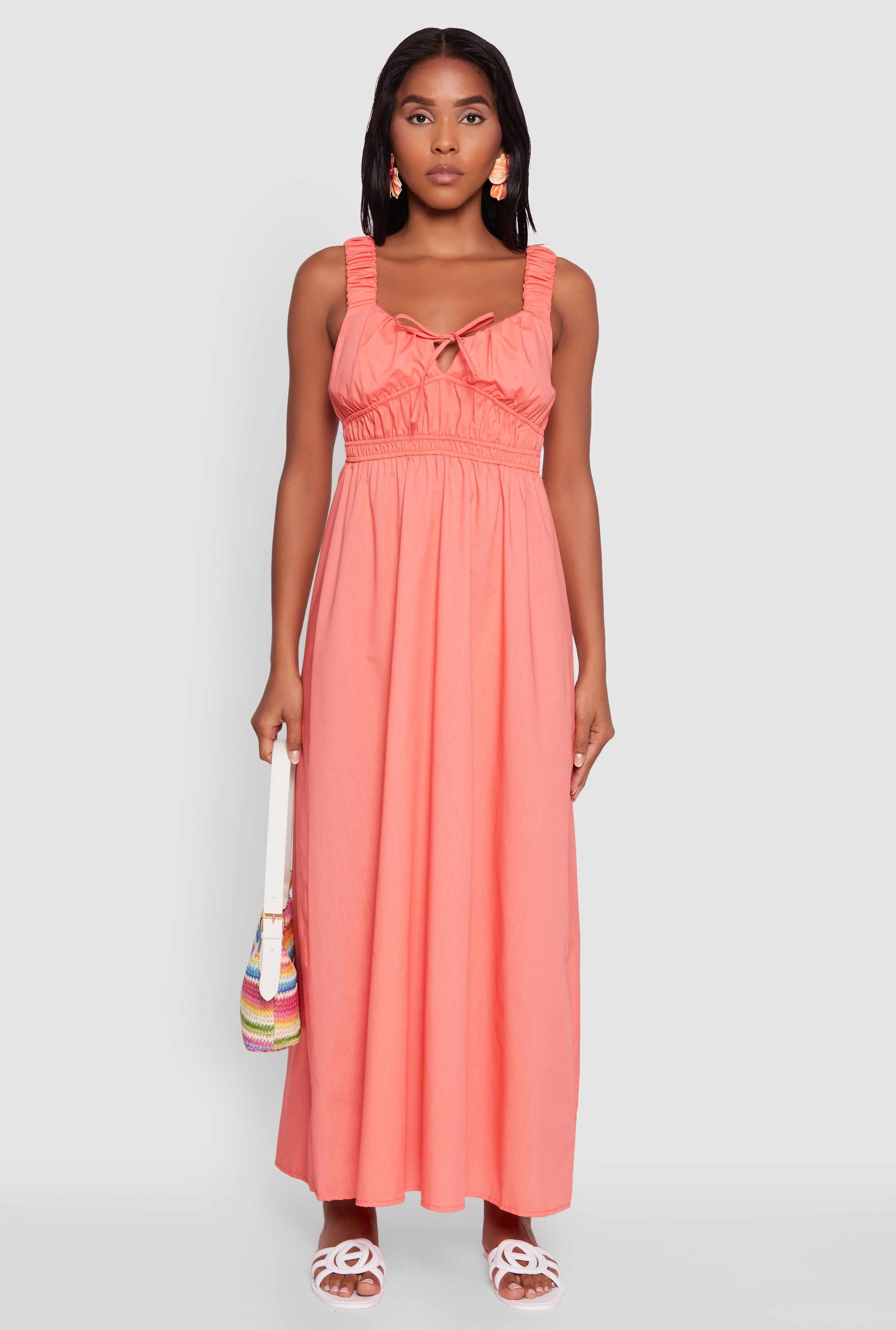 Poplin Sleeveless Scoop Neck Tie Front Maxi Dress