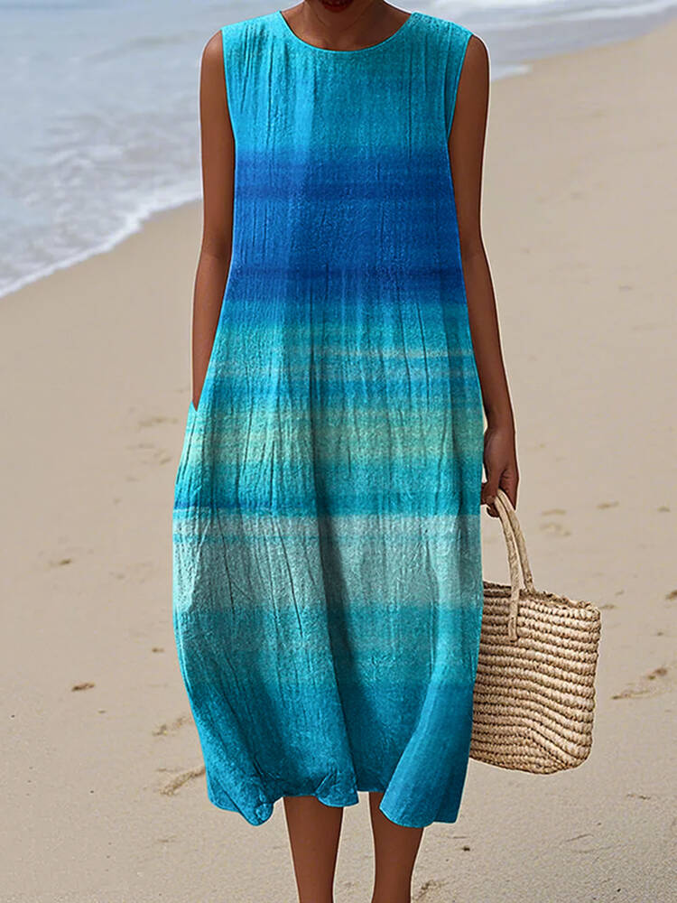 Women's Vintage Blue Gradient Art Print Casual Crew Neck Dress