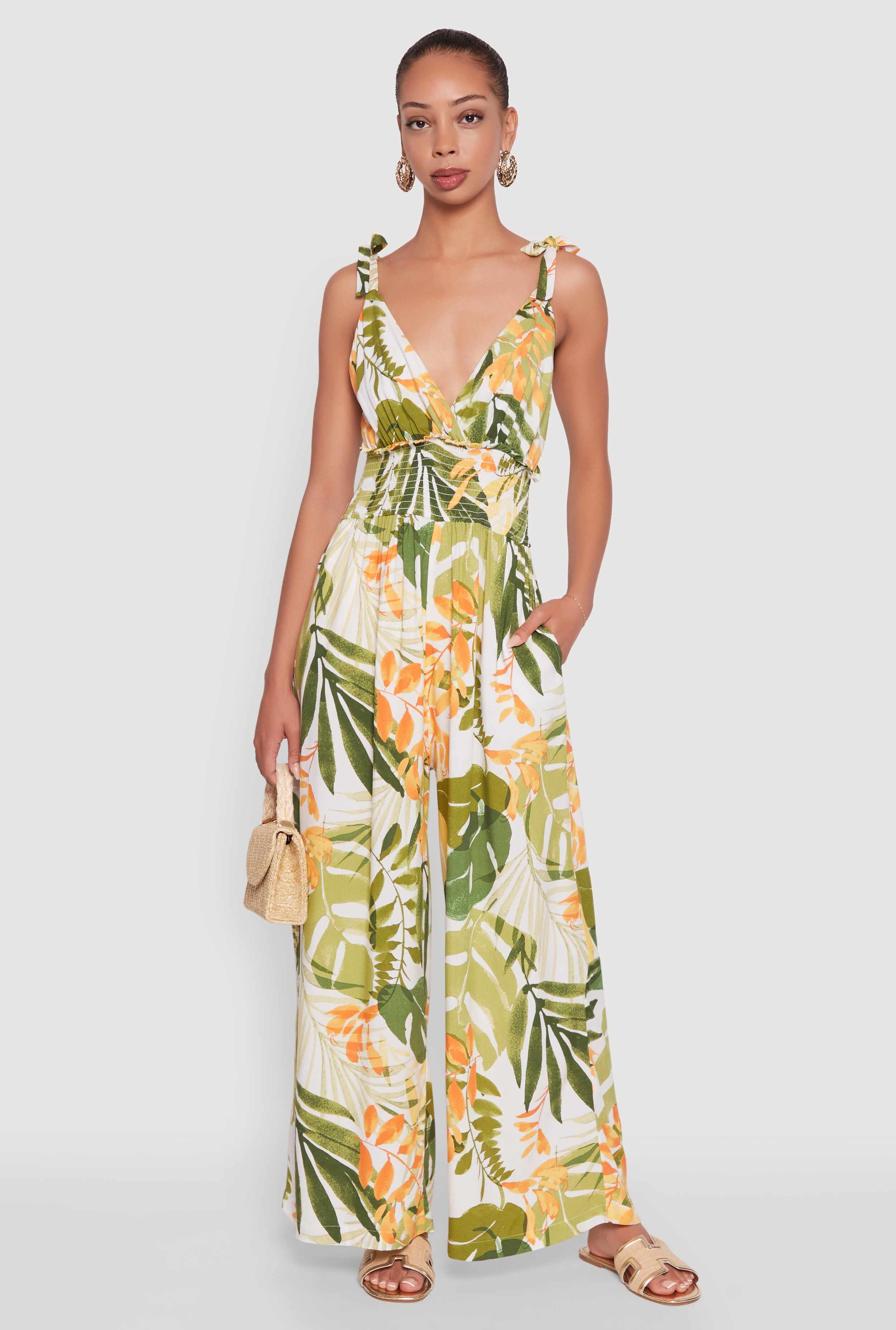 Iris Tropical Leaf Print Sleeveless V-Neck Jumpsuit with Tie Straps