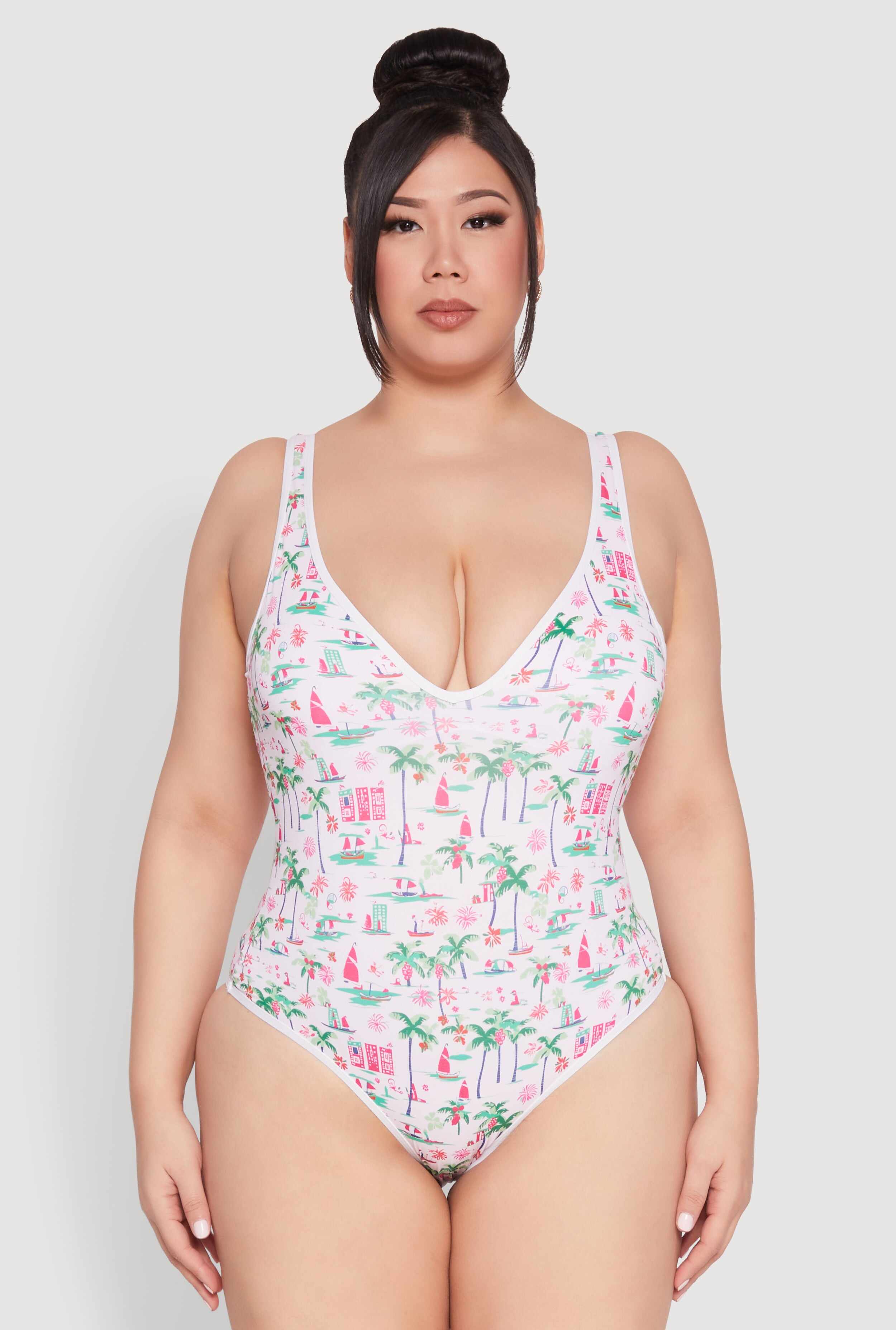 Plus Size Palm Tree Tropical Print One Piece Swimsuit