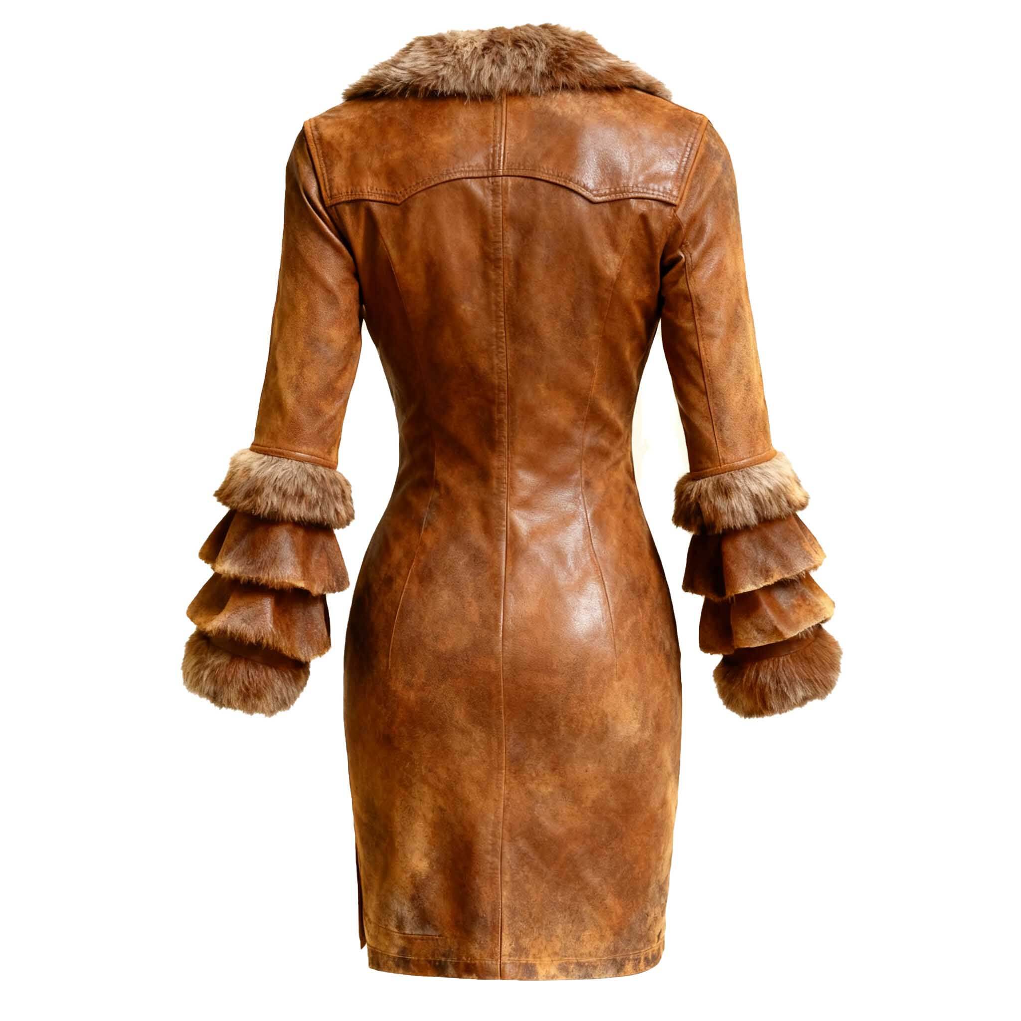 Women's Vintage Brown Leather Fur Lapel Long Sleeve Dress