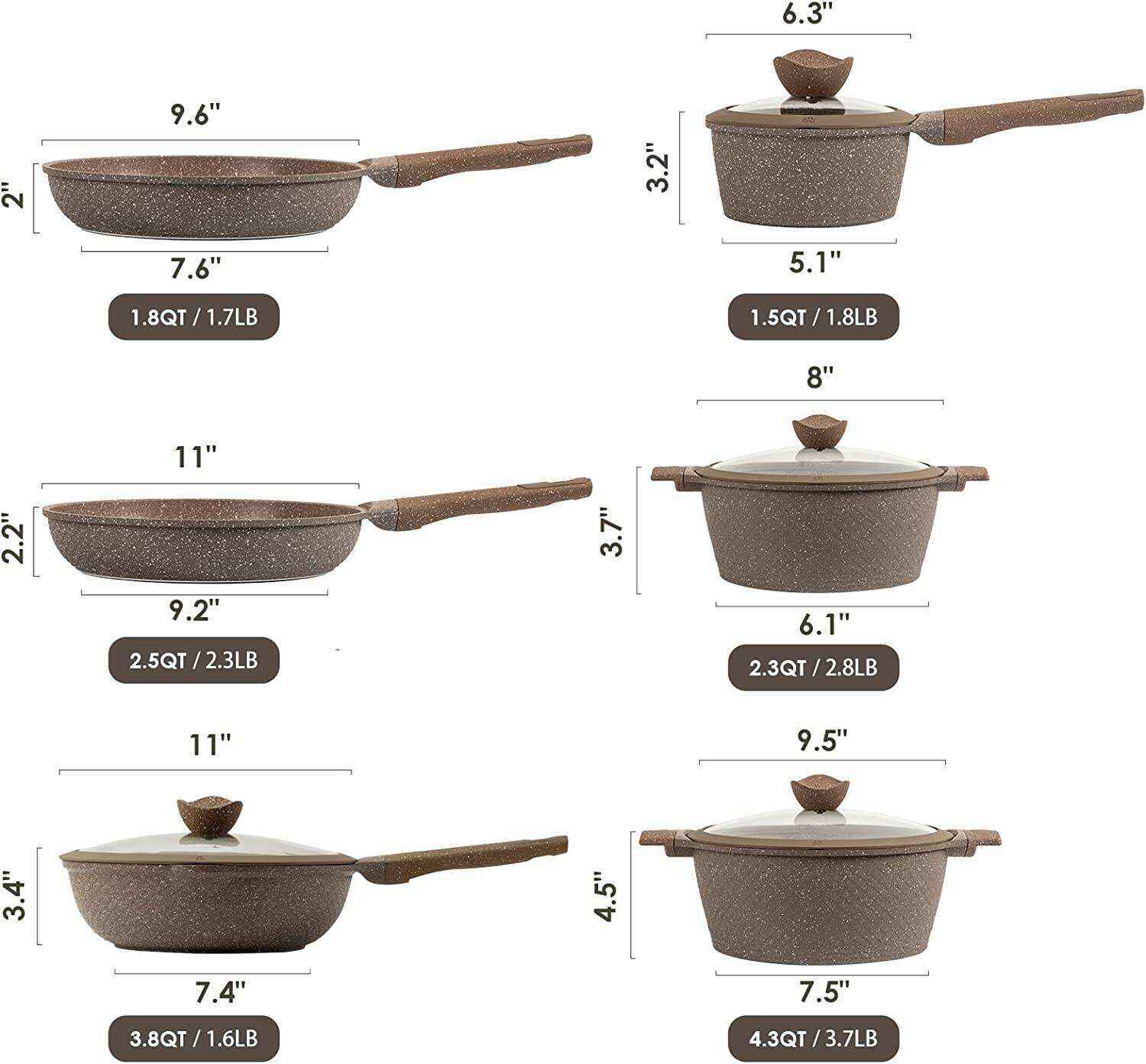 Nonstick Cookware Sets, 10 Pcs Pots and Pans Set Nonstick, Healthy Non Stick Induction Stone Cookware Kitchen Granite Cooking Set w/Frying Pans & Saucepan, PFOS, PFOA Free (Brown Granite)