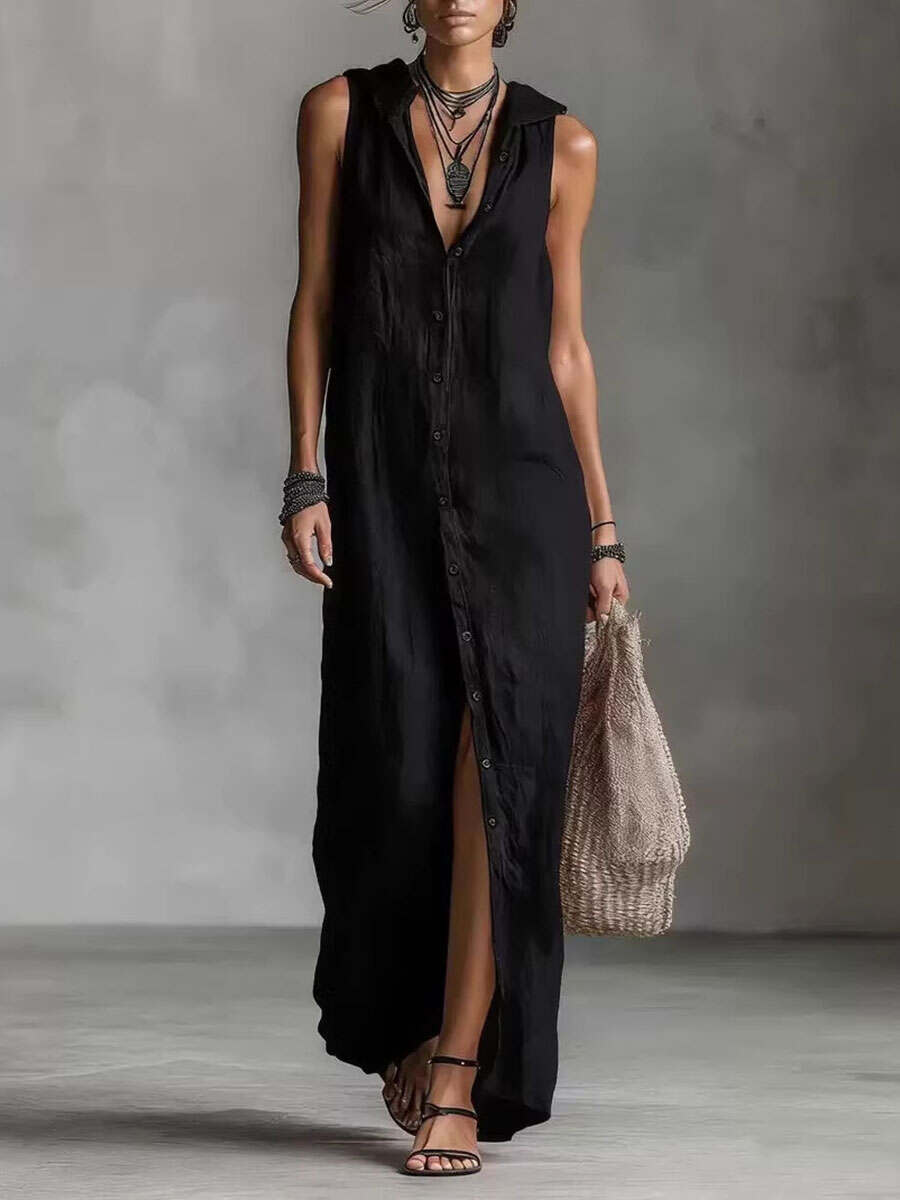 🔥Summer Arrivals🌟Women's Retro Hooded Solid Color Long-sleeved Cotton Linen Dress