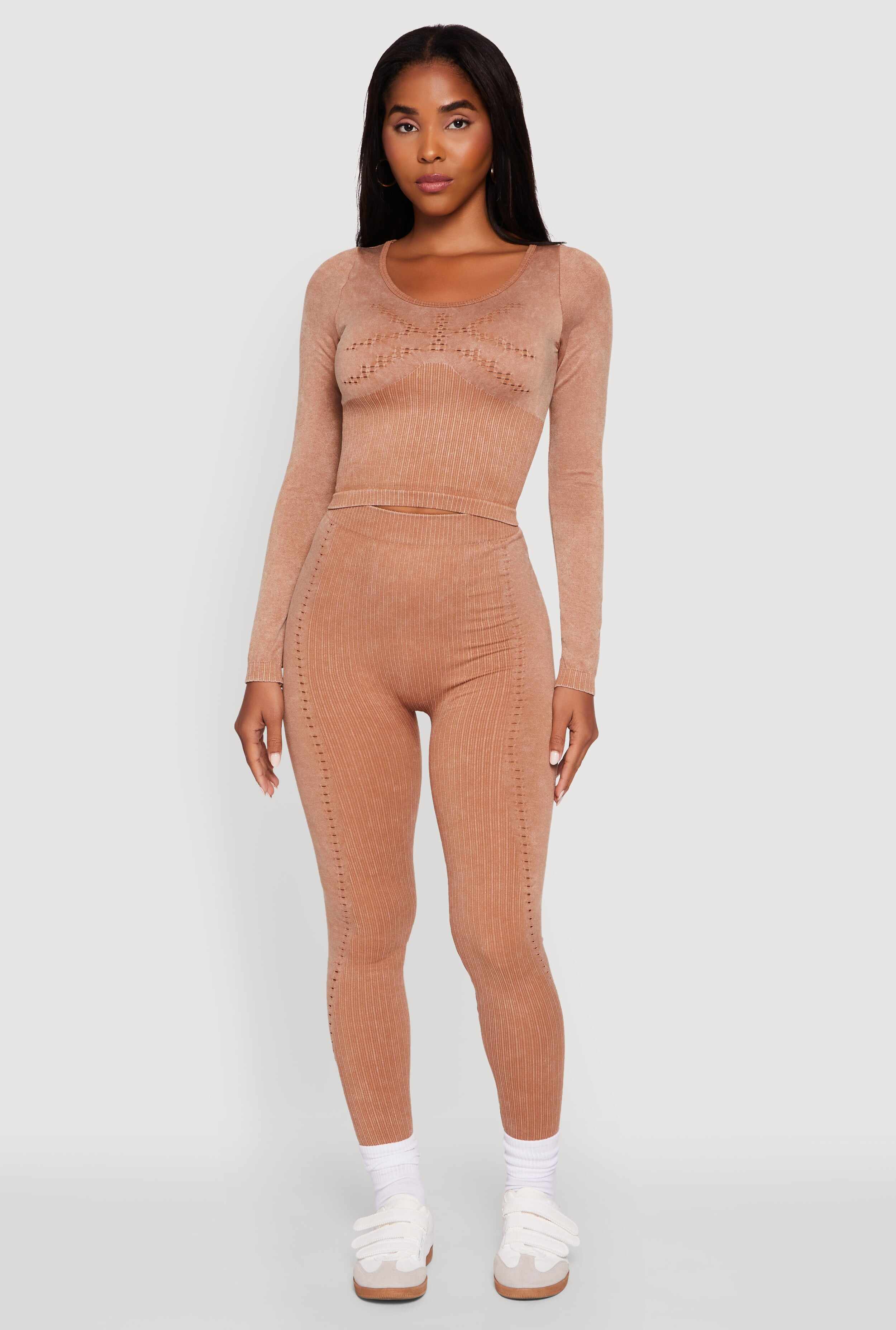 High Waisted Acid Wash Ribbed Knit Seamless Leggings