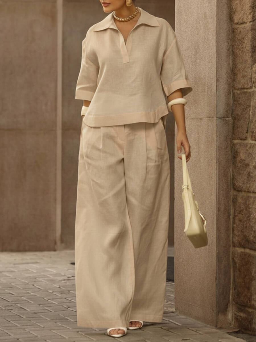 🔥Summer Arrivals🌟Women's Casual Linen And Cotton Shirt And Wide-leg Pants Two-piece Set