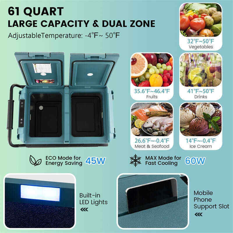 61 Quart Portable Car Refrigerator with Wheels 12/24V DC & 110-240V AC Dual-zone Electric Car Cooler Fridge for RV Camping Travel Home