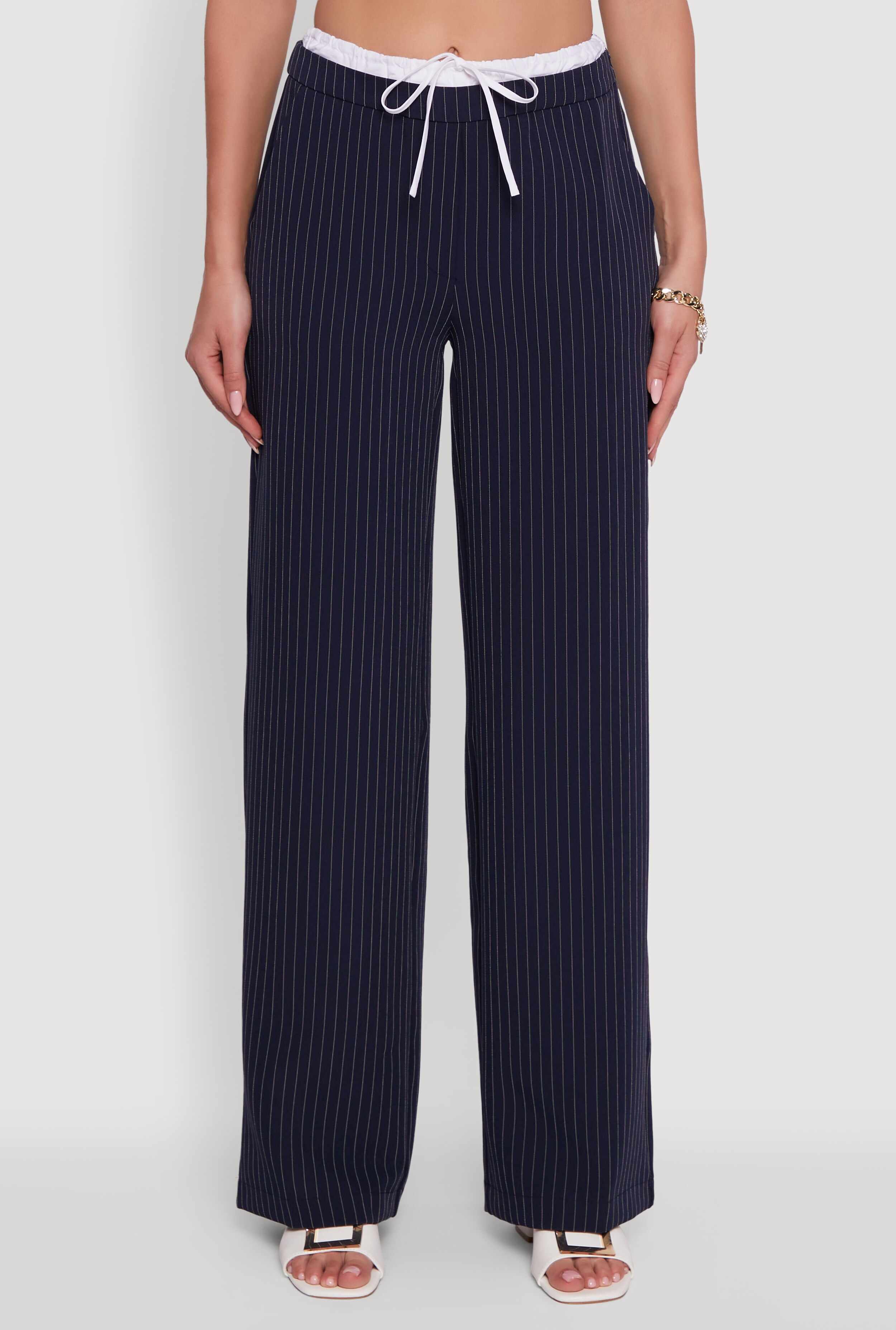 Iris Pinstripe High Waisted Wide Leg Pants with Tie Front