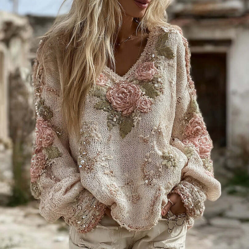 Women's Pink Rose Art V-neck Cozy Pullover Sweater