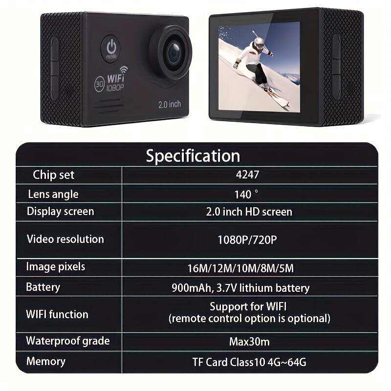 (Built-in Battery) Wifi HD 1080 Action Camera 30m Waterproof Underwater Camera 140 Degrees Ultra-wide Angle Lens Convenient Waterproof Action Camera 2 Inch Display Wifi Camera Multiple Languages Optional Waterproof Camera With 32G TF Card For Thanksgiving