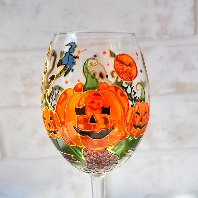 🎃 Hand-Painted Halloween Pumpkin & Ghost Crystal Wine Glass