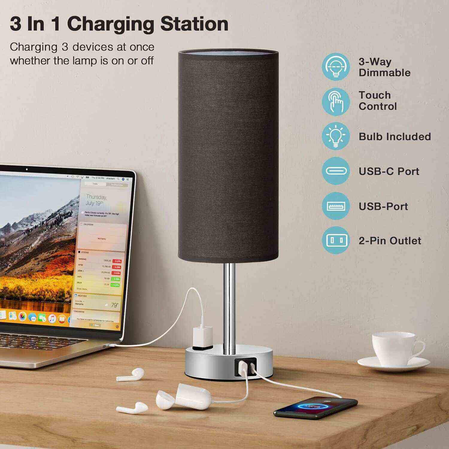 Bedside Table Lamp for Bedroom - 3 Way Dimmable Touch Lamp USB C Charging Ports and AC Outlet, Small Lamp Wood Base Round Flaxen Fabric Shade for Living Room, Desk, LED Bulb Included