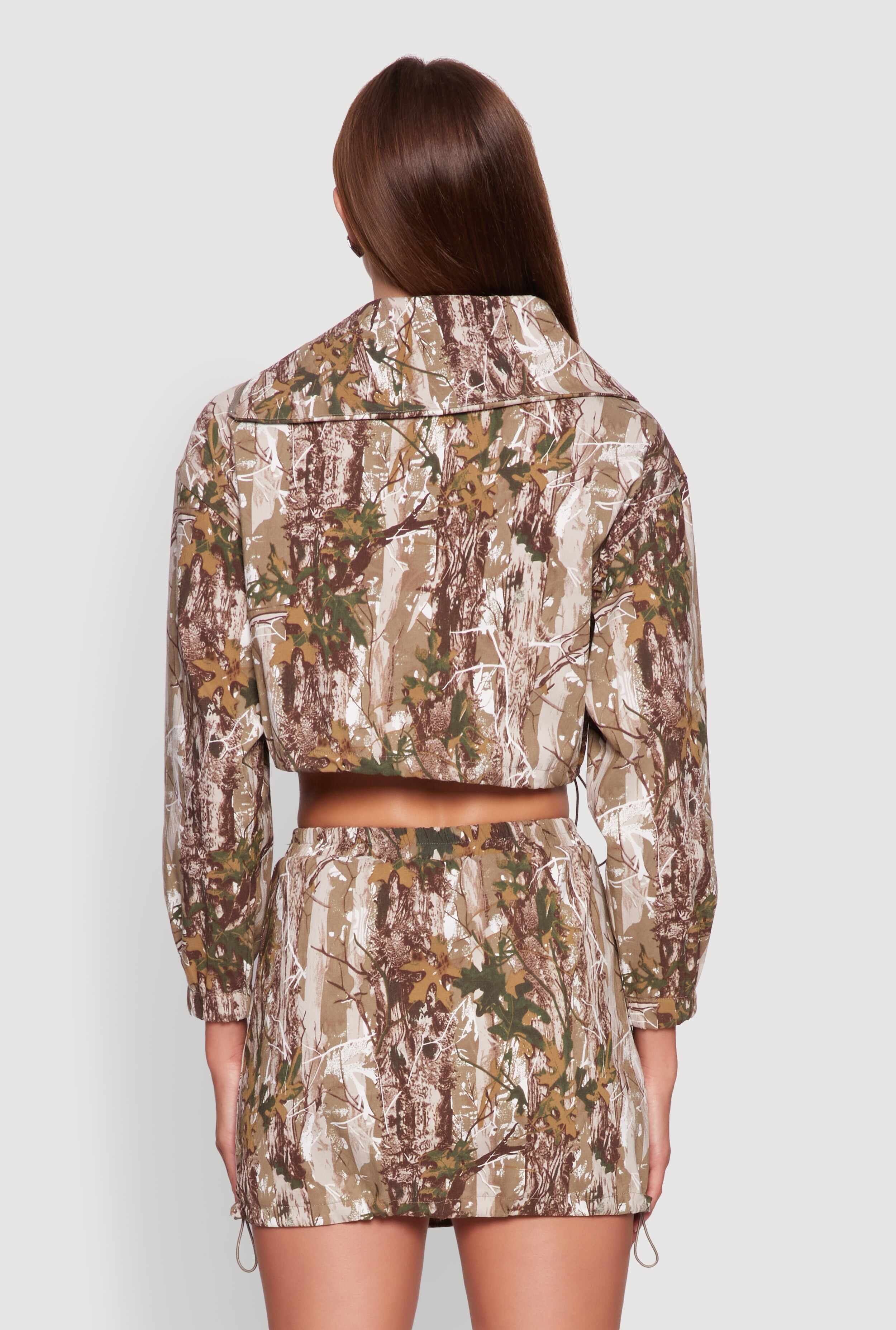 Hunter Camo Drawstring Hem Zip Neck Cropped Jacket