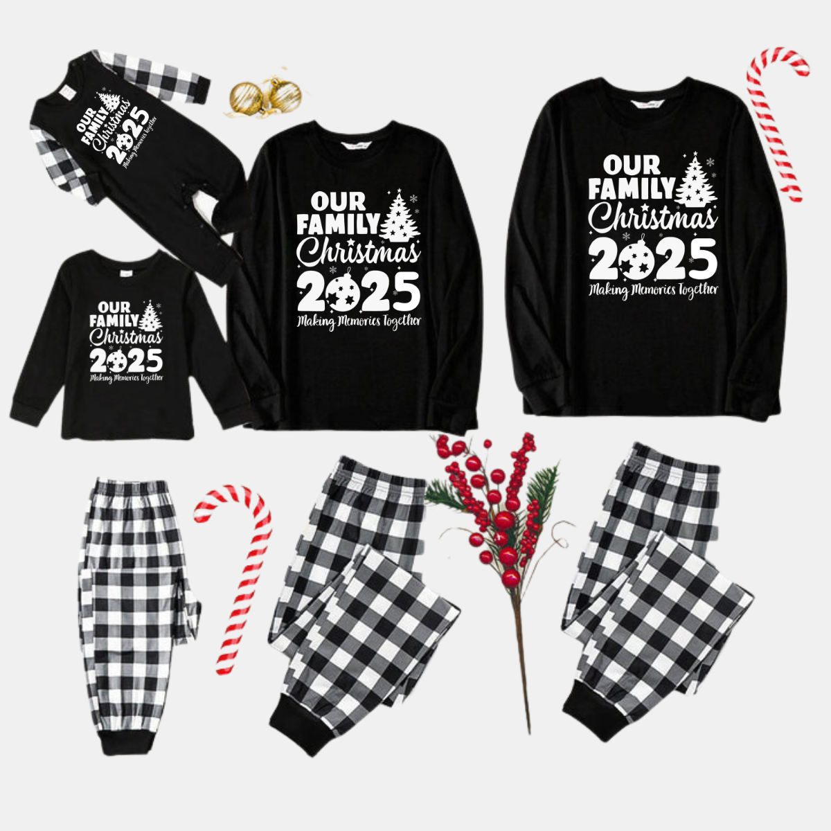 'Our Family Chirstmas 2025 Making Memories Together' Letter Print Black Long Sleeve Top with Black And White Plaid Pants Family Matching Pajamas