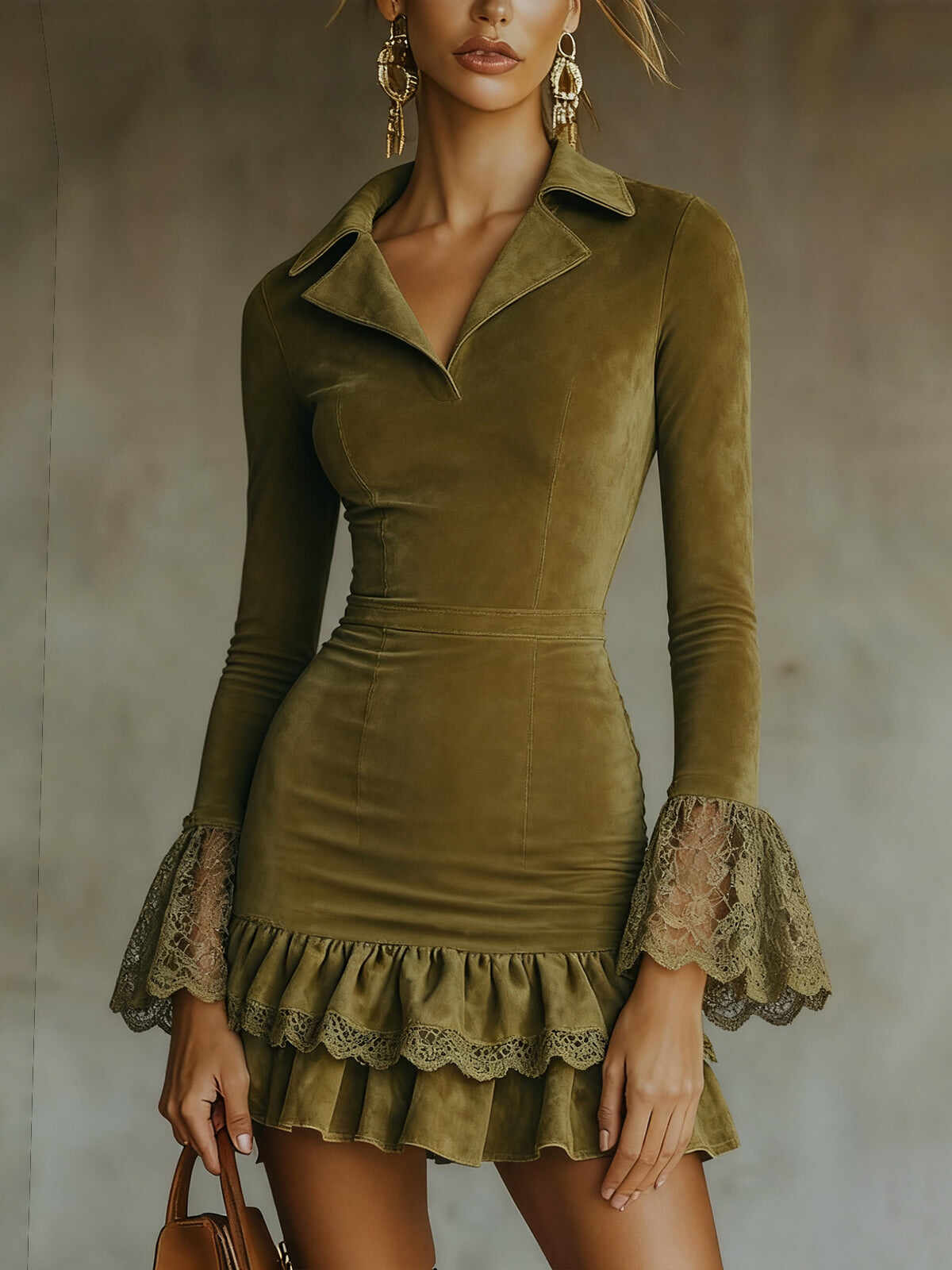 Olive Lace Bell Sleeve Mini Dress With Ruffled Hem