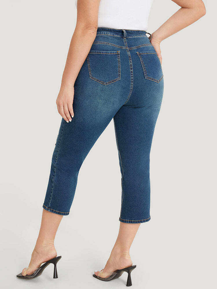 Very Stretchy High Rise Medium Wash Ripped Detail Cropped Jeans