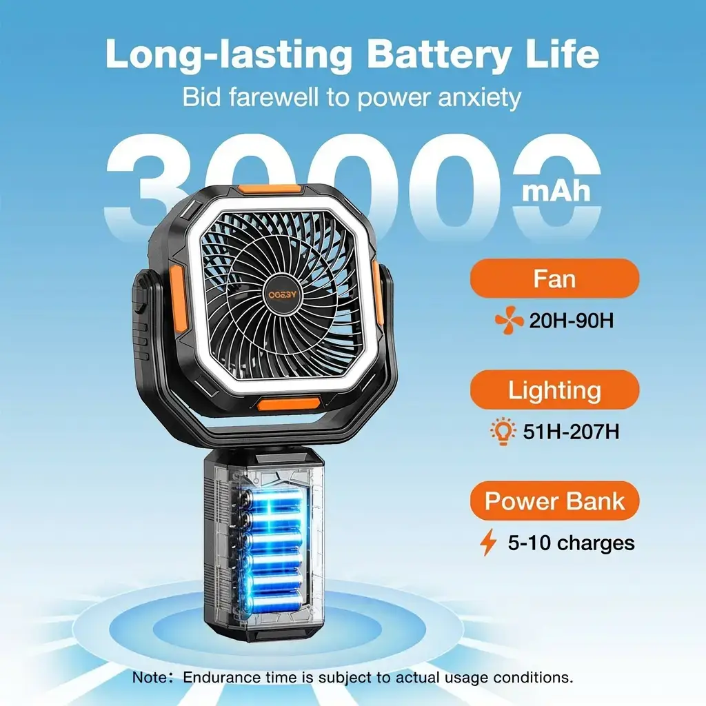 4 in 1 Cordless Camping Fan, 30000mAh Rechargeable Fan with Detachable Tripod, LED Lights & 270° Pivot, Remote Control Oscillating Portable Fan for Tent Travel Bedroom