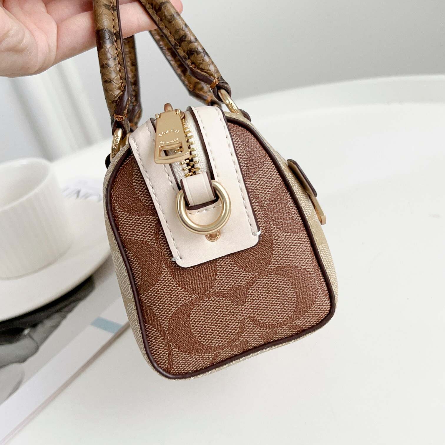 Mini Rowan Boston Bag – Signature Print with Leather Trim | Crossbody Shoulder Handbag with Removable Strap