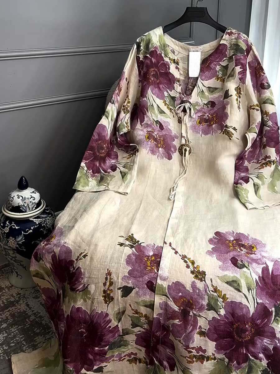 🔥Summer Arrivals🌟Women's V-neck Long Sleeve Vintage Positioning Print Casual Loose Cotton and Linen Dress