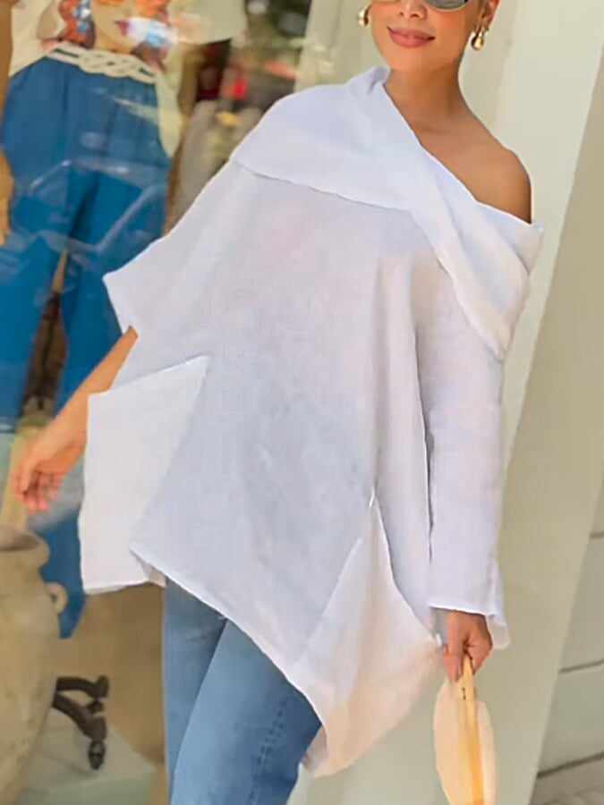Women's Casual Solid Color Long Sleeve Cotton and Linen Top