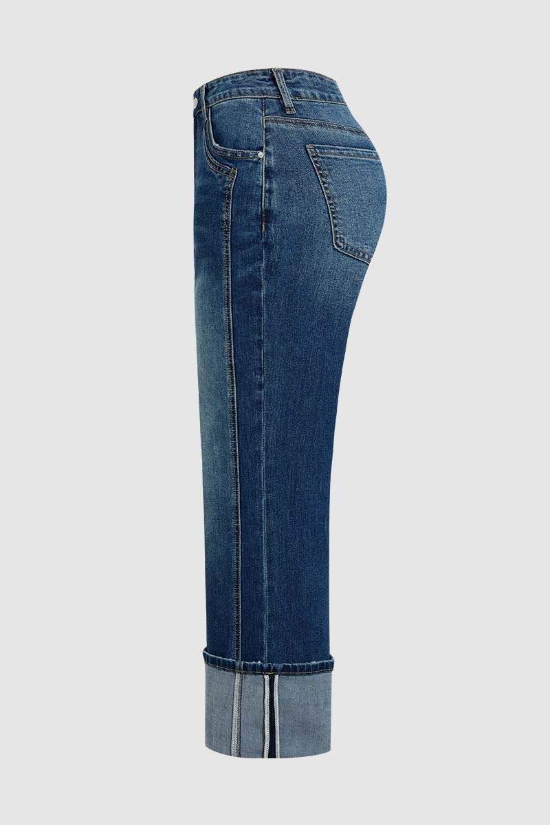 Roll Hem Wash Mid Waist Straight Leg Jeans