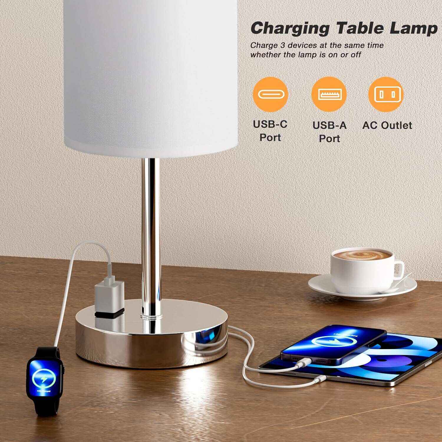 Bedside Table Lamp for Bedroom - 3 Way Dimmable Touch Lamp USB C Charging Ports and AC Outlet, Small Lamp Wood Base Round Flaxen Fabric Shade for Living Room, Desk, LED Bulb Included