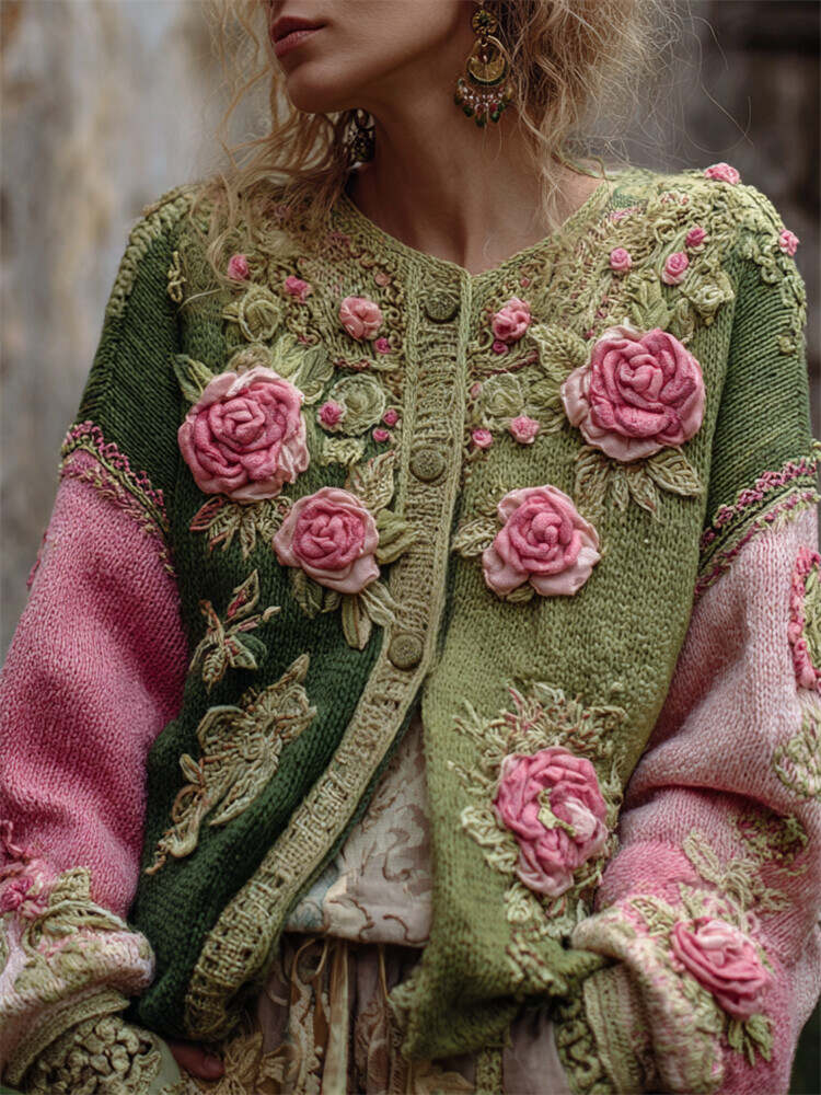 Pink Roses Crochet Embroidered Forest Contrast Patchwork Cozy Cardigan